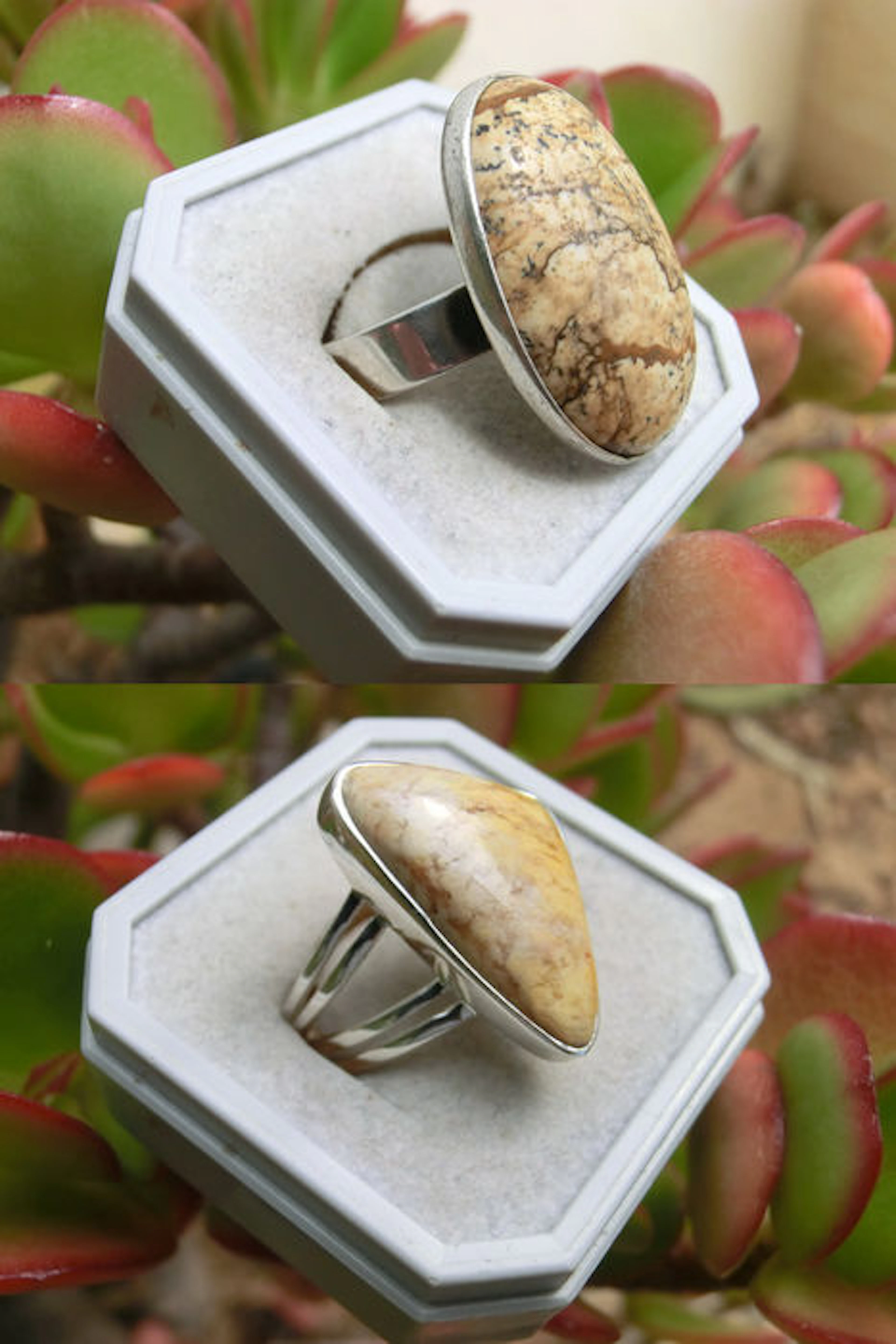 Set of 2 beautiful silver rings with Landscape Jasper and Mookaite gemstone.