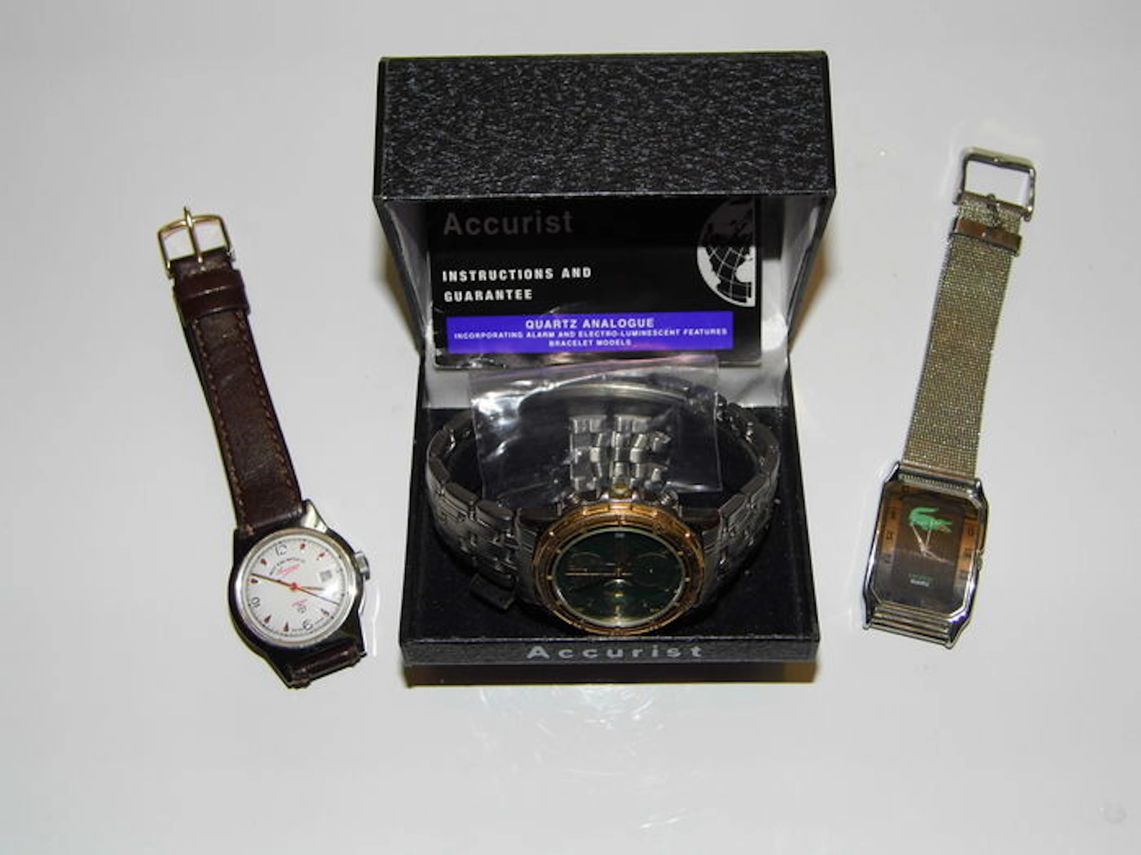 Lot Of 3 Watches – Accurist Chronograph + Gents Lacoste + West End Lowan Prima – 1997