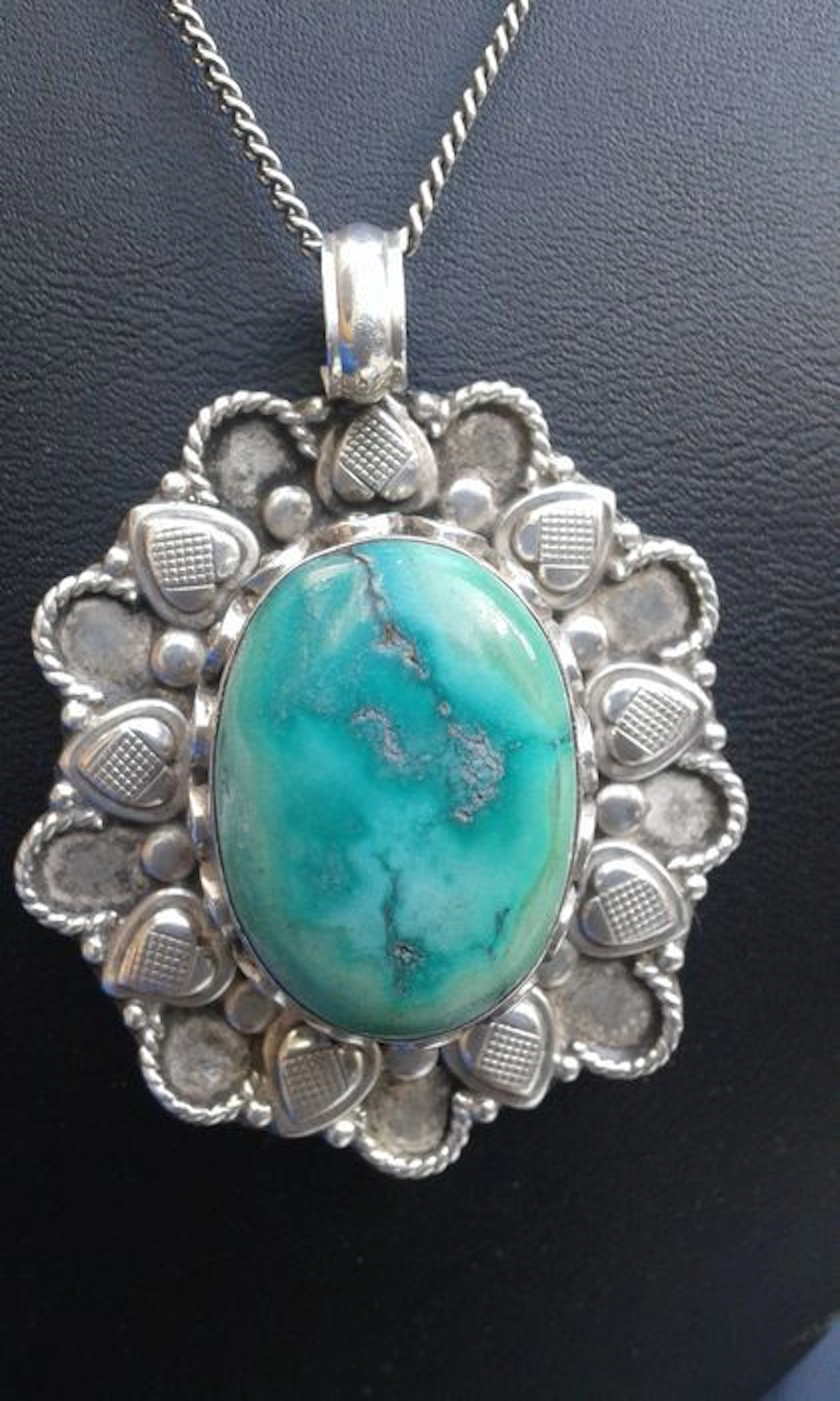 925 solid sterling silver chain and large pendant with turquoise.