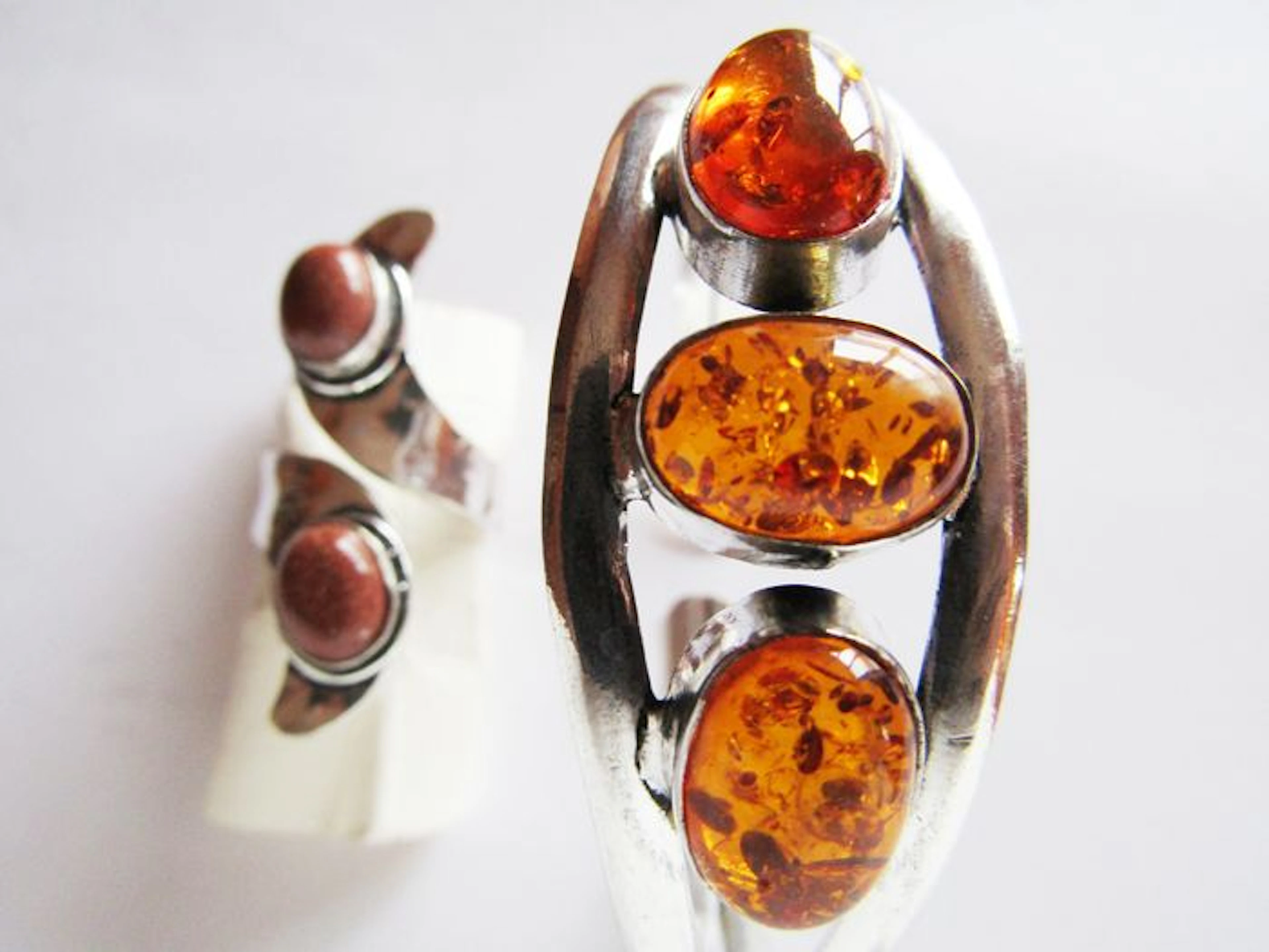 Sterling silver bracelet with amber and ring with sunstone