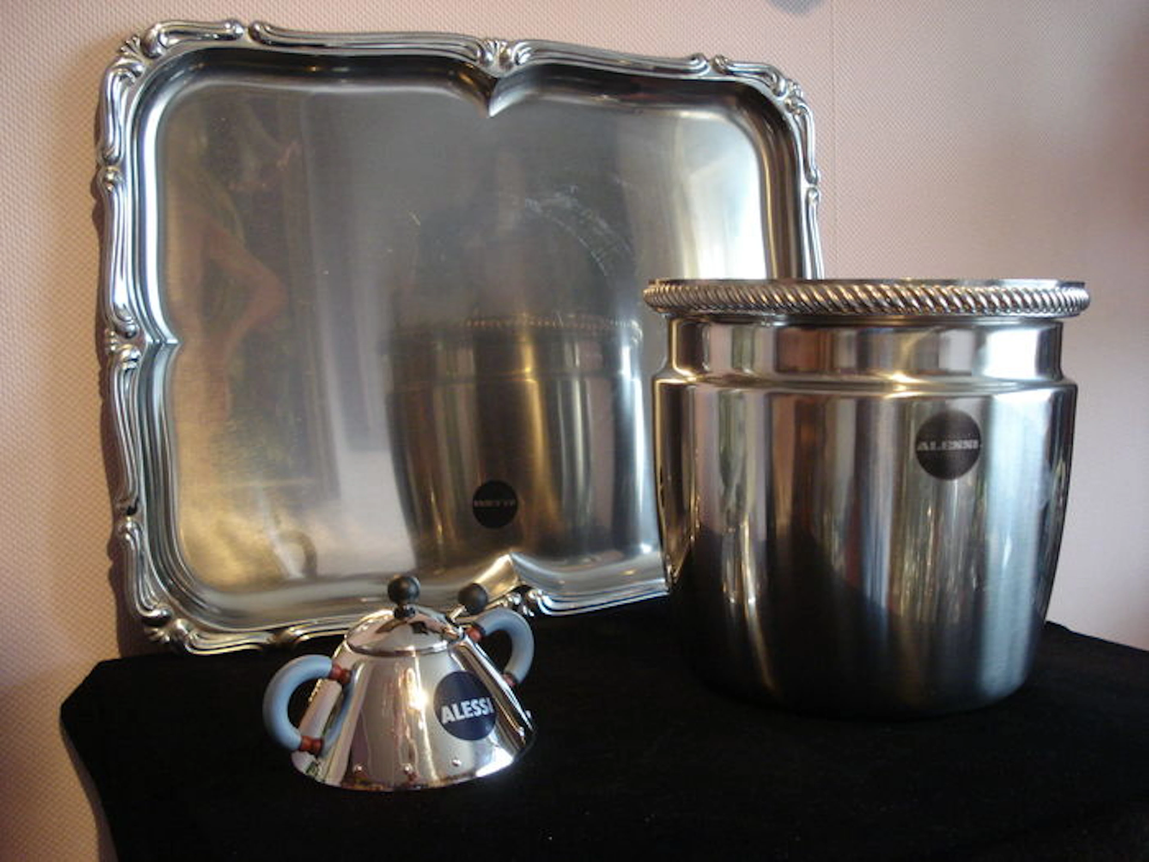 Alfra /Alessi champagne cooler – Alessi serving tray – Michael Graves sugar bowl with spoon