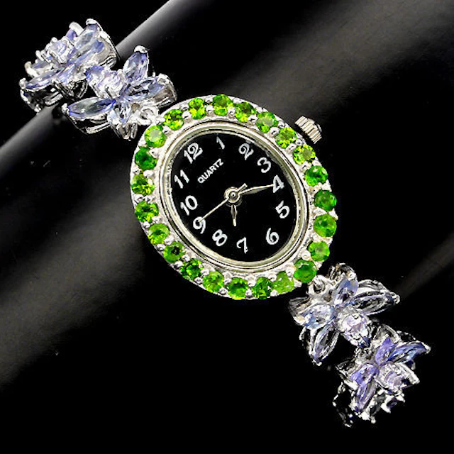 925 Sterling silver wristwatch set with natural gemstones