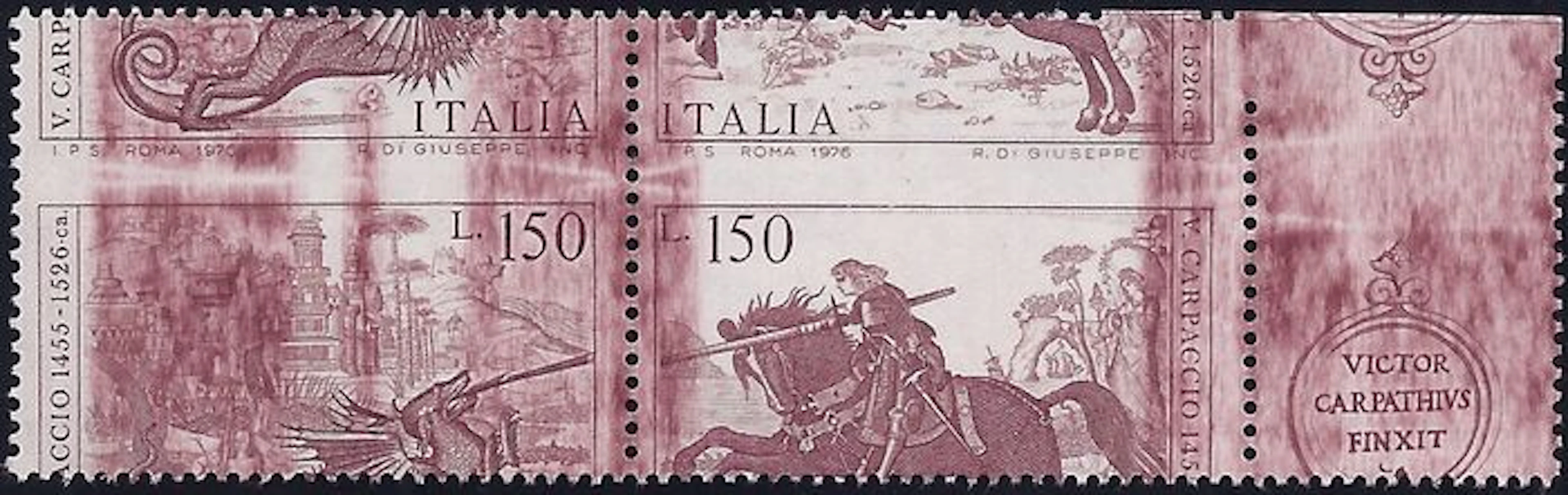 Italia 1976 - Vittore Carpaccio 150L Pair and three variations - CEI 1361, 1361Ae, c and Ac - with certificate