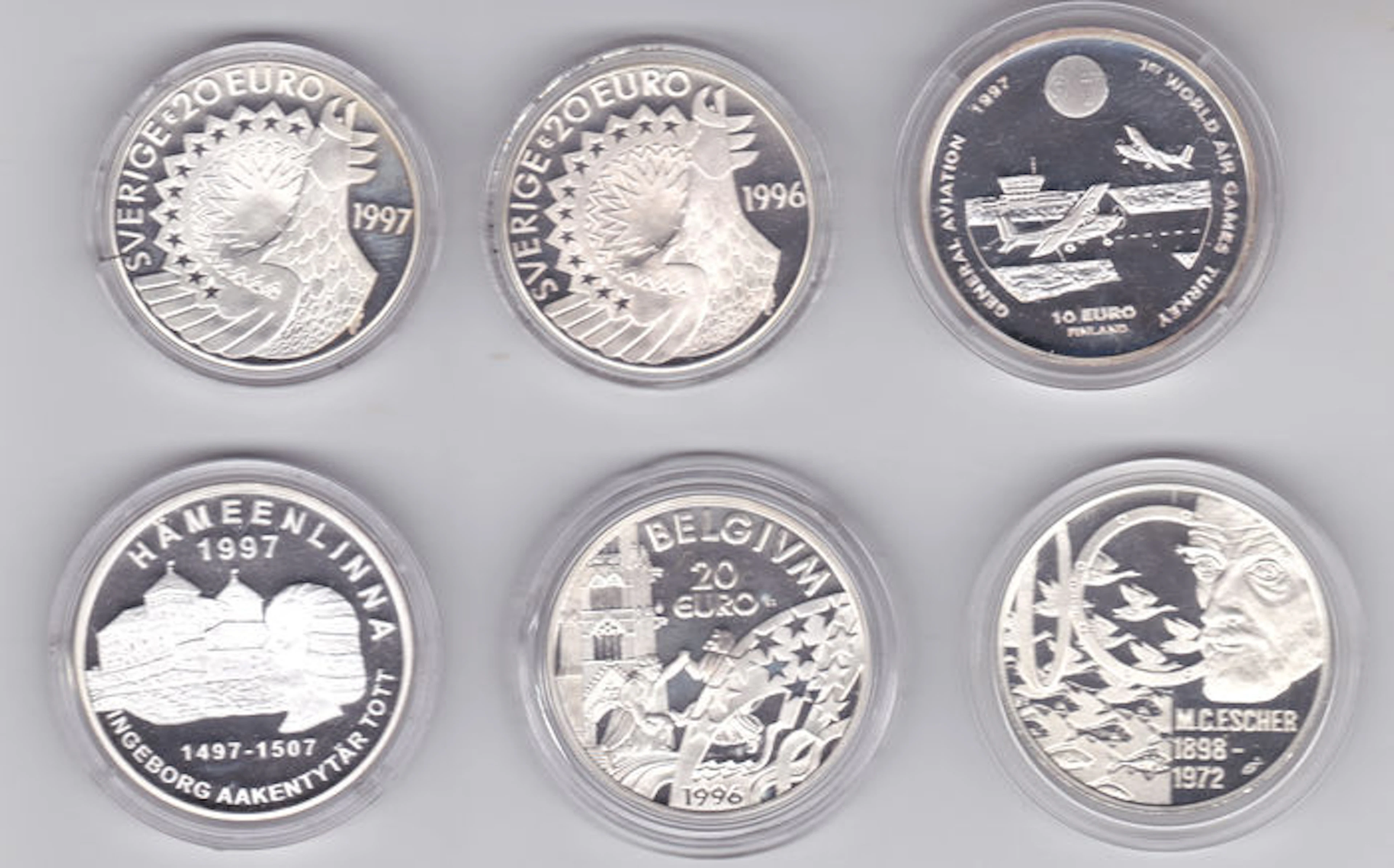 Sweden, Finland, Belgium and The Netherlands - 10, 20 and 50 Euro 1996/1998 (6 different ones) - silver
