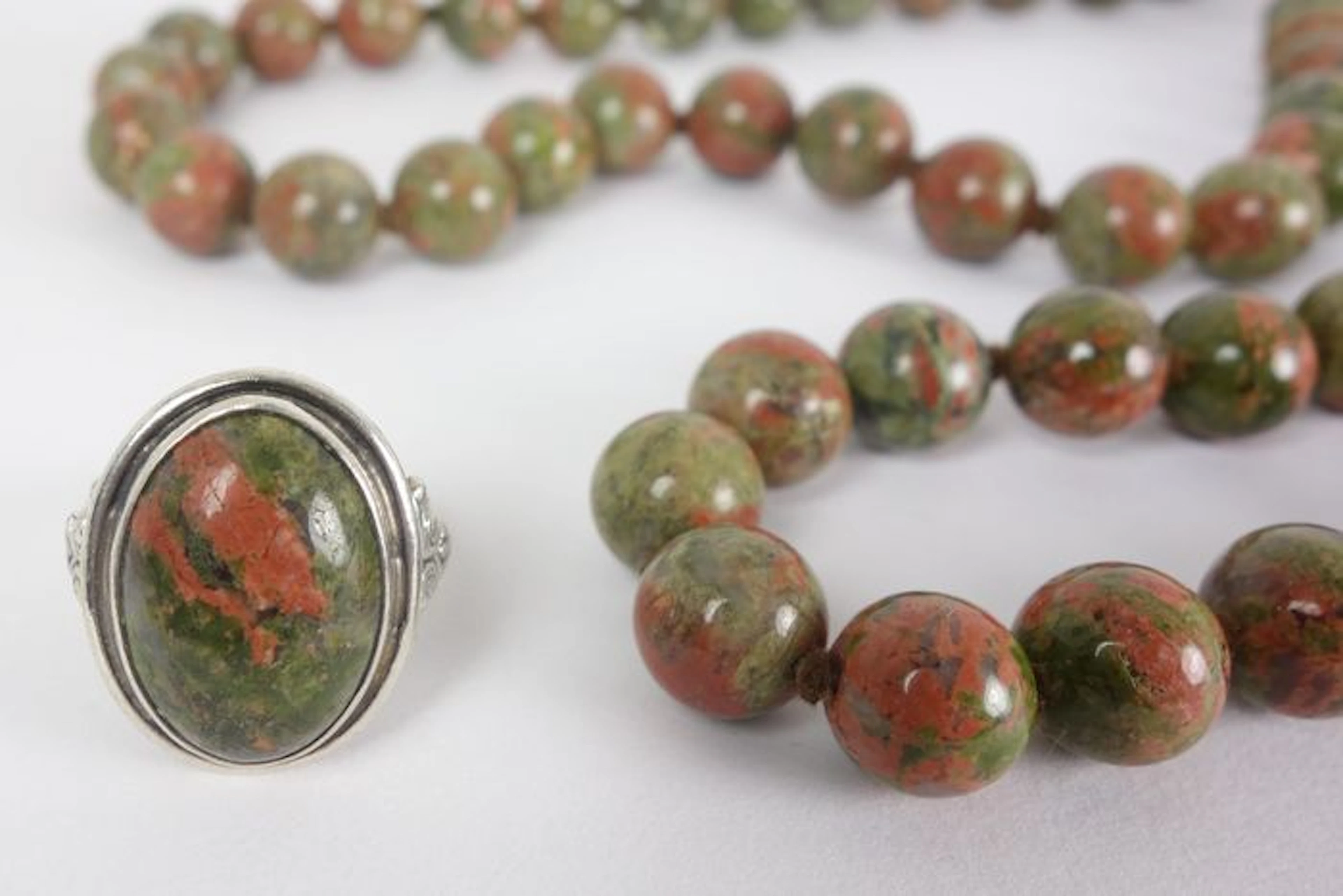 Silver ring with unakite and matching necklace
