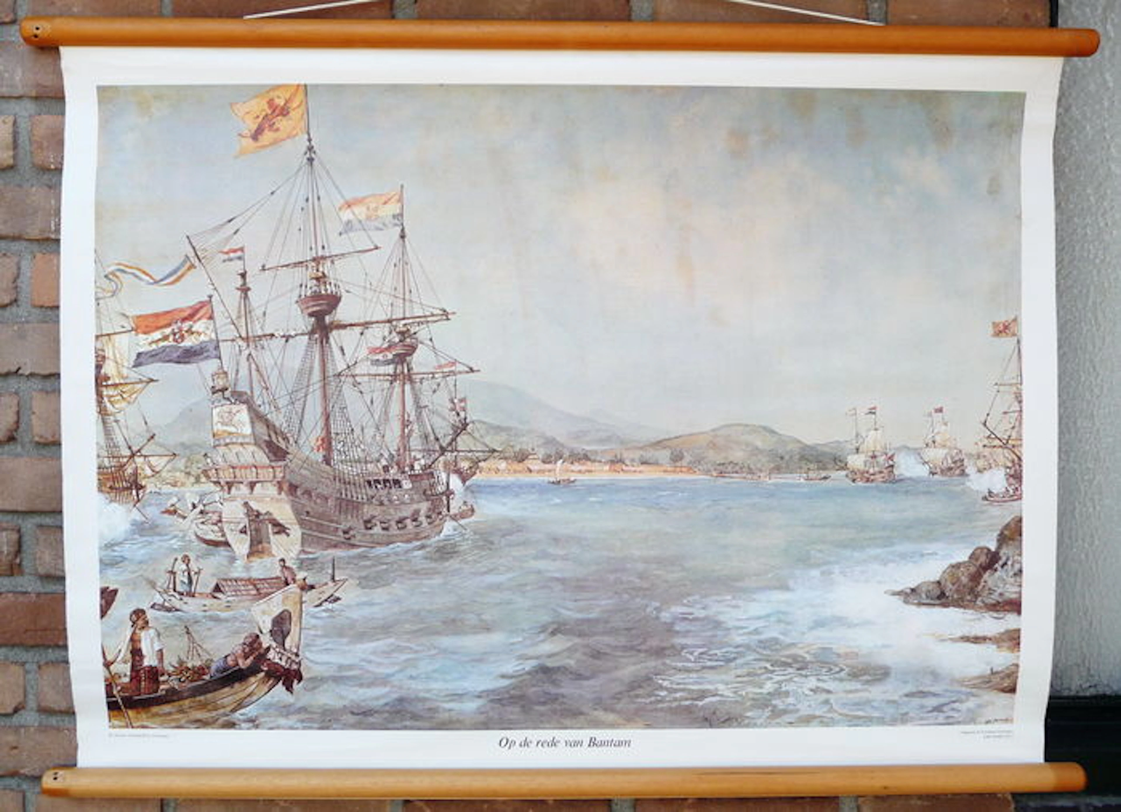 An old school poster showing the fleet of the East Indian Trading Company in Bantam, Indies