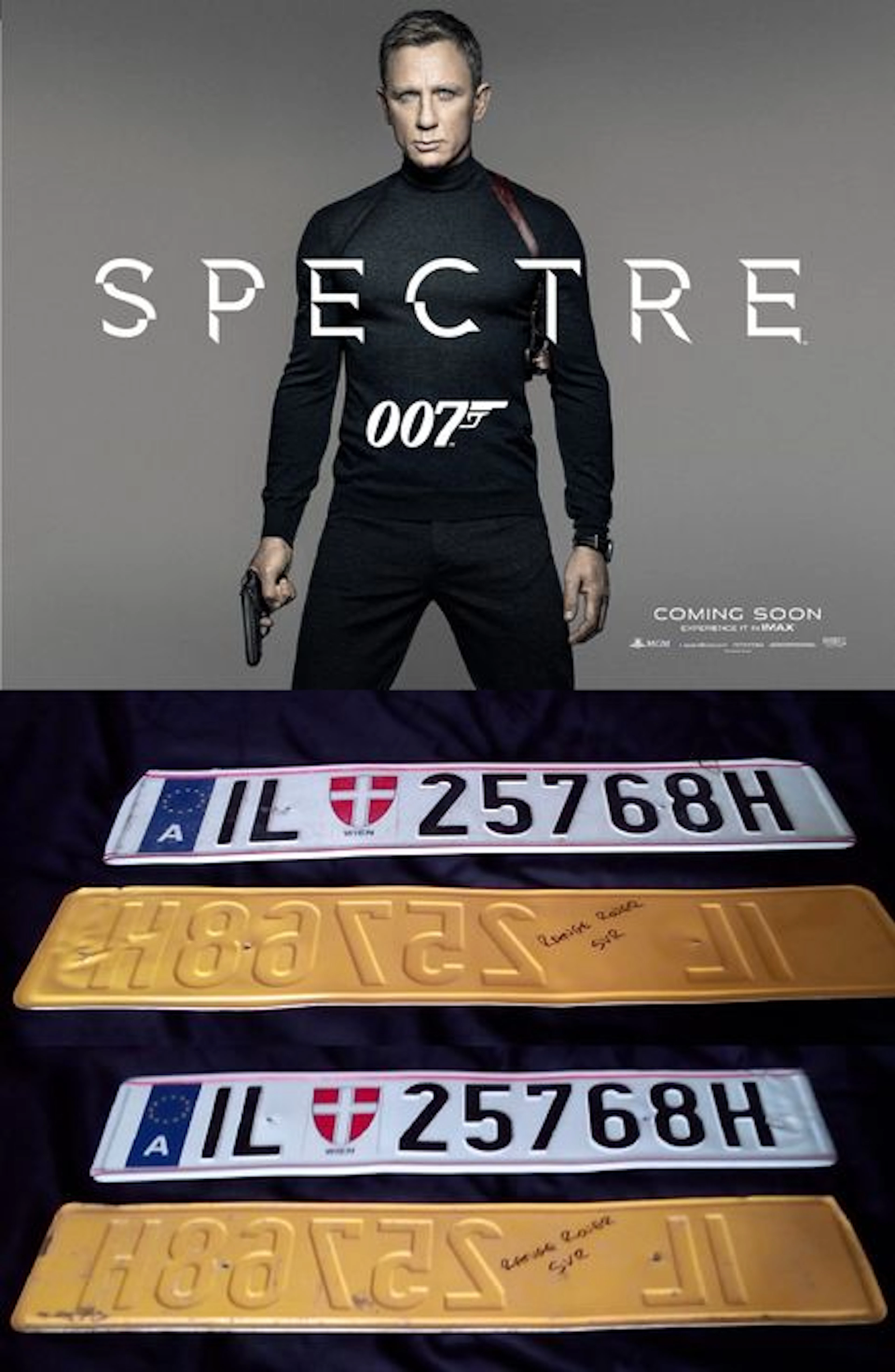 James Bond - Spectre - prop - official registration plates from the Range Rover stuntcar driven by the henchmen from Blofeld in the movie