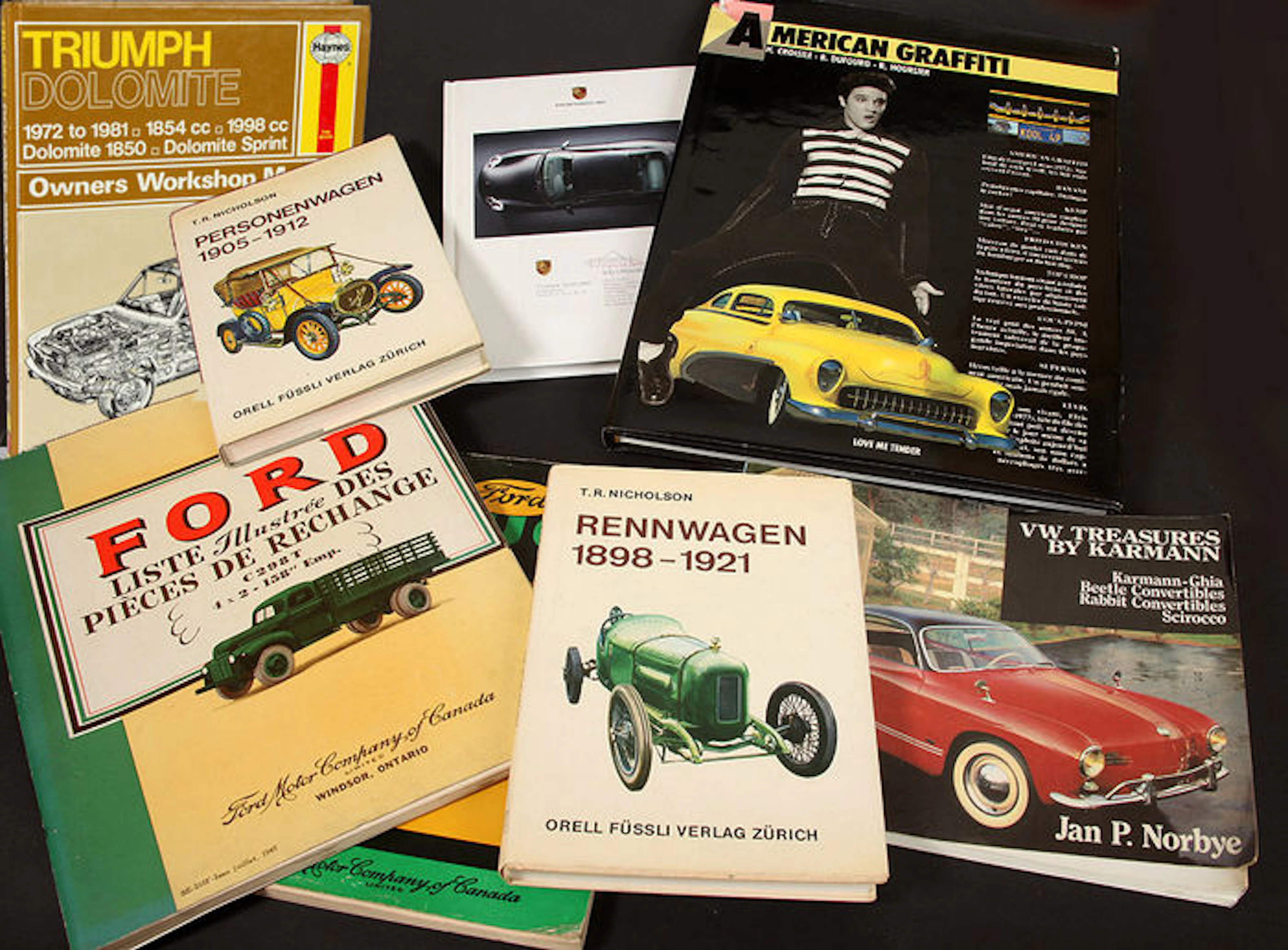 7 Oldtimer Books and Manuals, Triumph, Porsche, VW, Ford and several more
