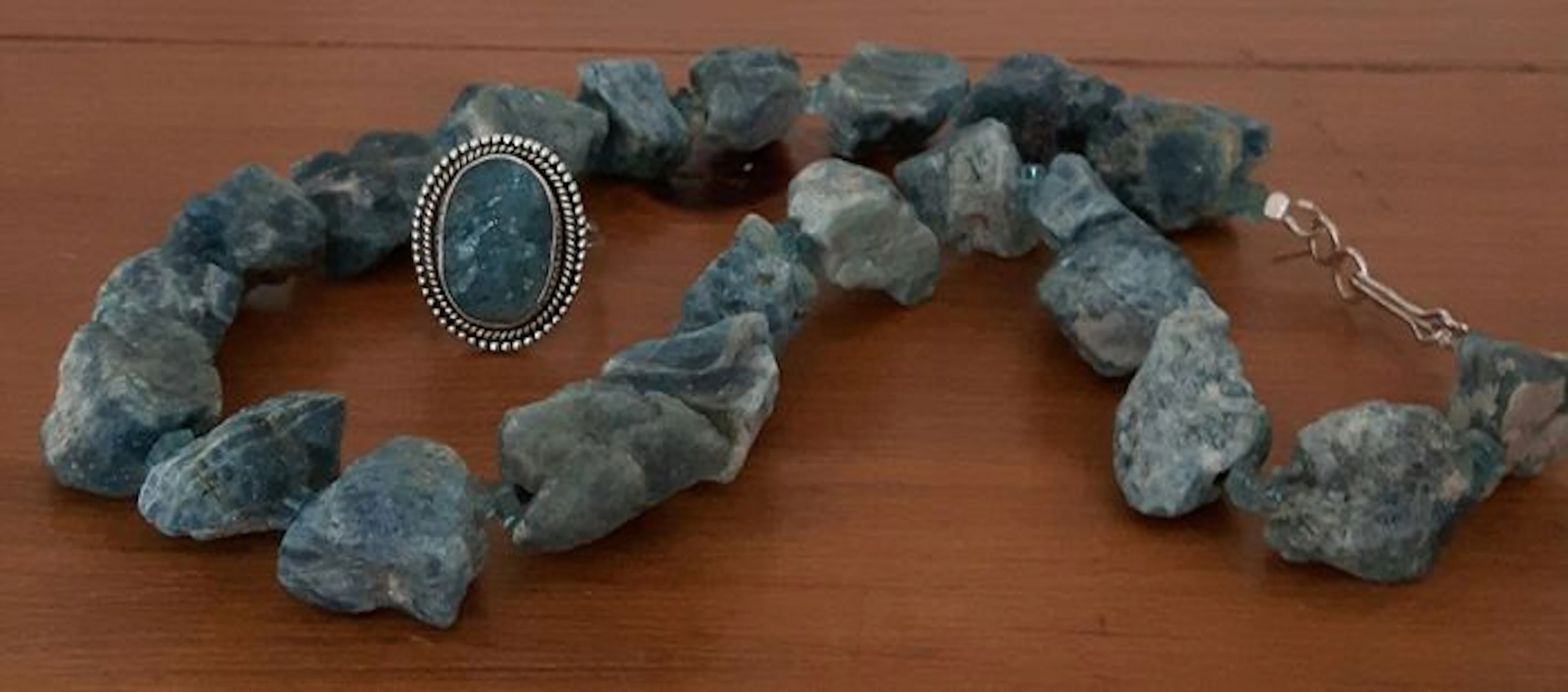 Special necklace and silver ring of natural raw apatite, 925 sterling silver.