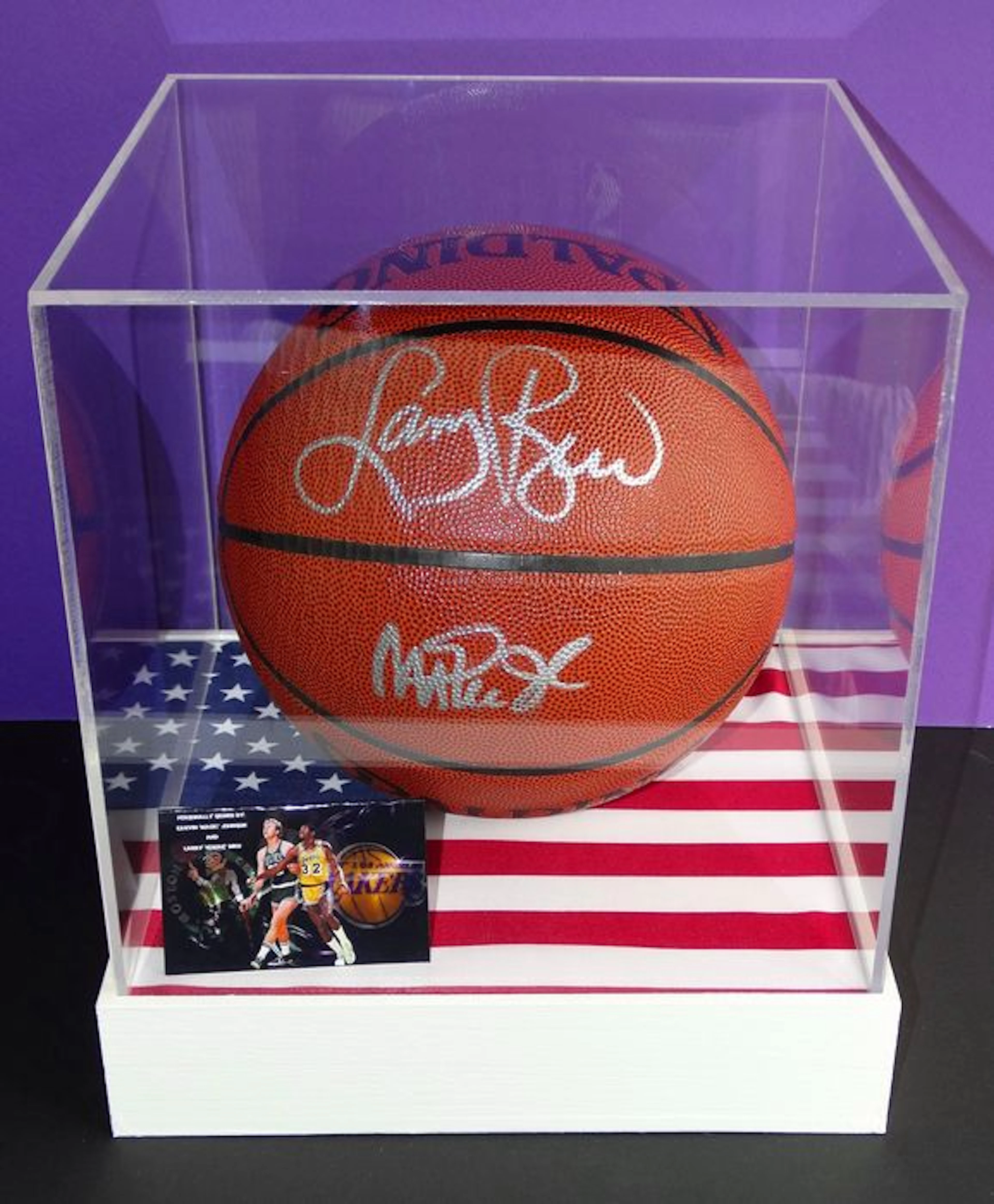 Magic Johnson AND Larry Bird Full size double signed Basketball in Display Case + Certificate of Authenticity.