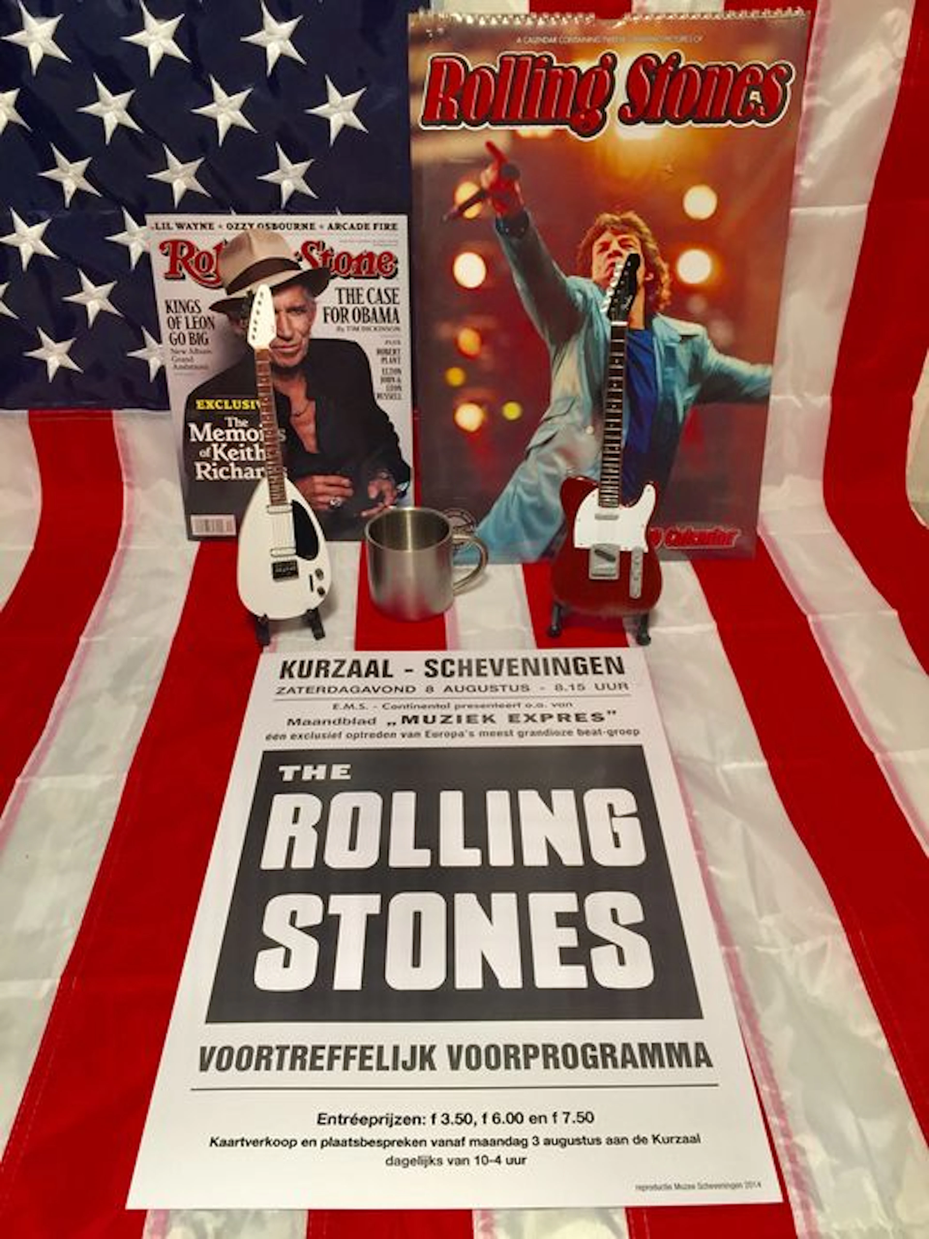 Rolling Stones LOT: 2 x Miniature guitar, Kurhaus repro poster 2104, 2010 Calendar, Metal Cup Sticky Fingers Tour