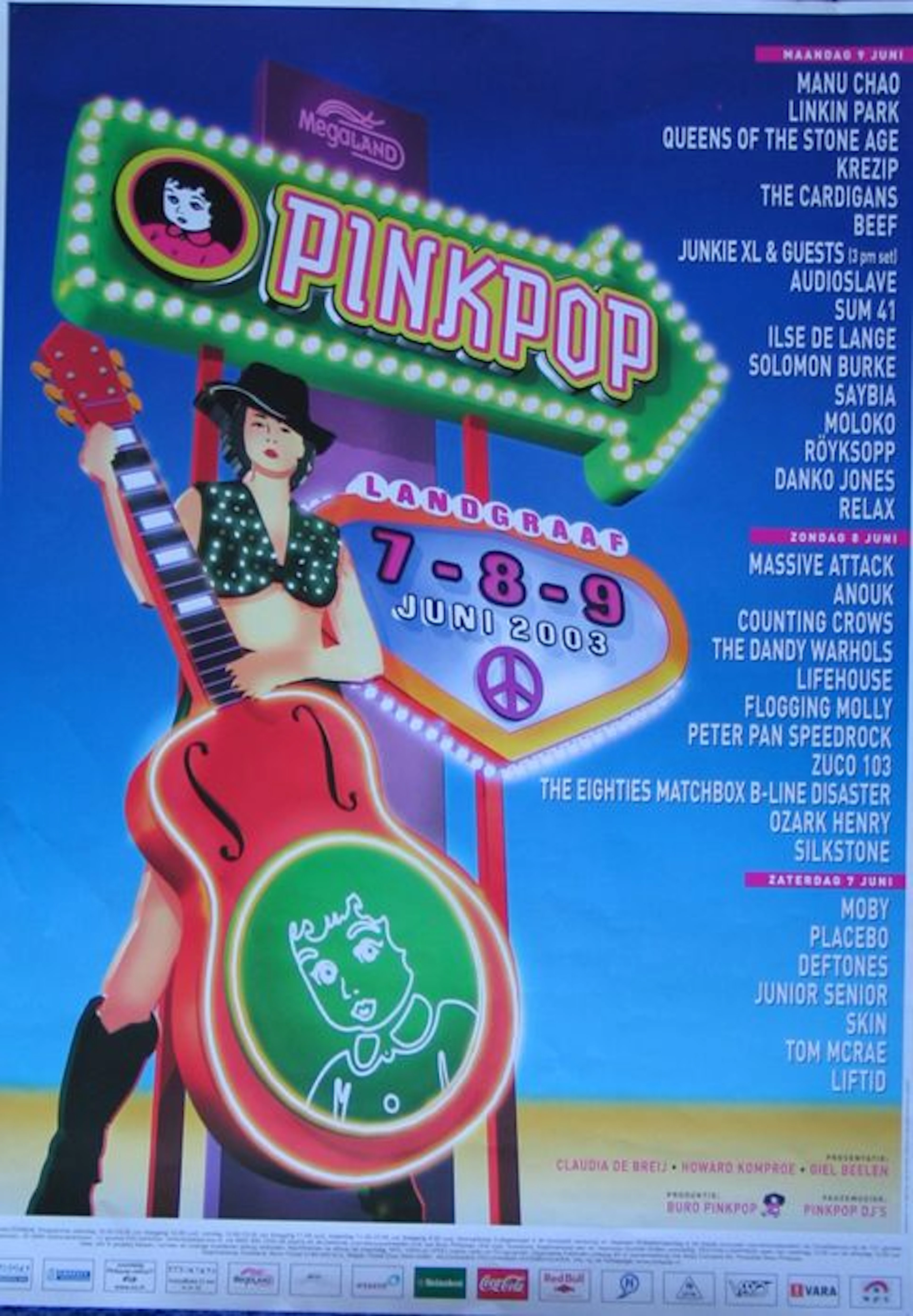 Pinkpop Poster 2003: Solomon Burke, Saybia, Moloko, Royksopp, Danko Jones, Relax, Massive Attack, Anouk, Ozark Henry, Silkstone, Moby