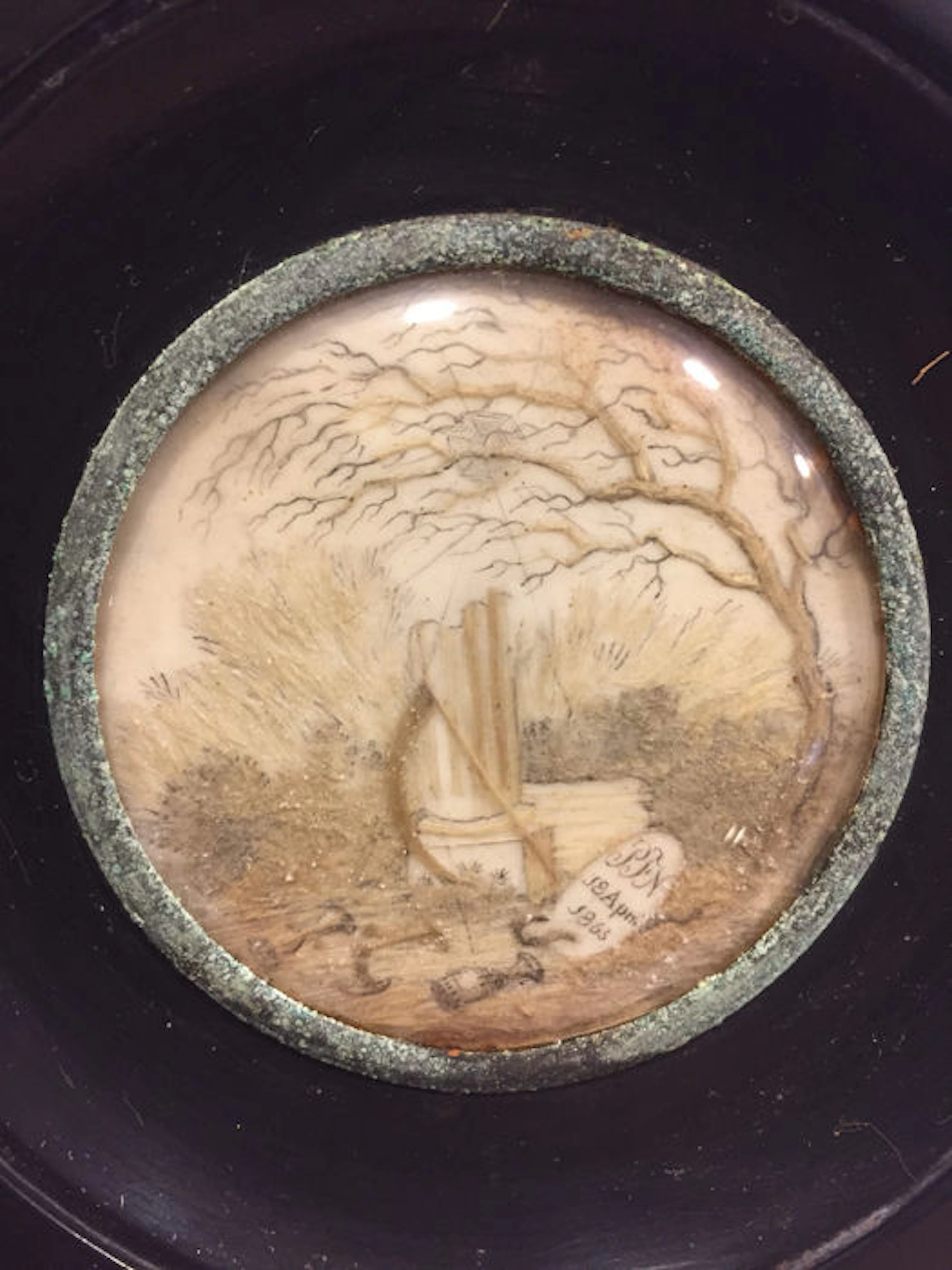 A memento mori made from hair of a deceased person, Belgium, dated 1863
