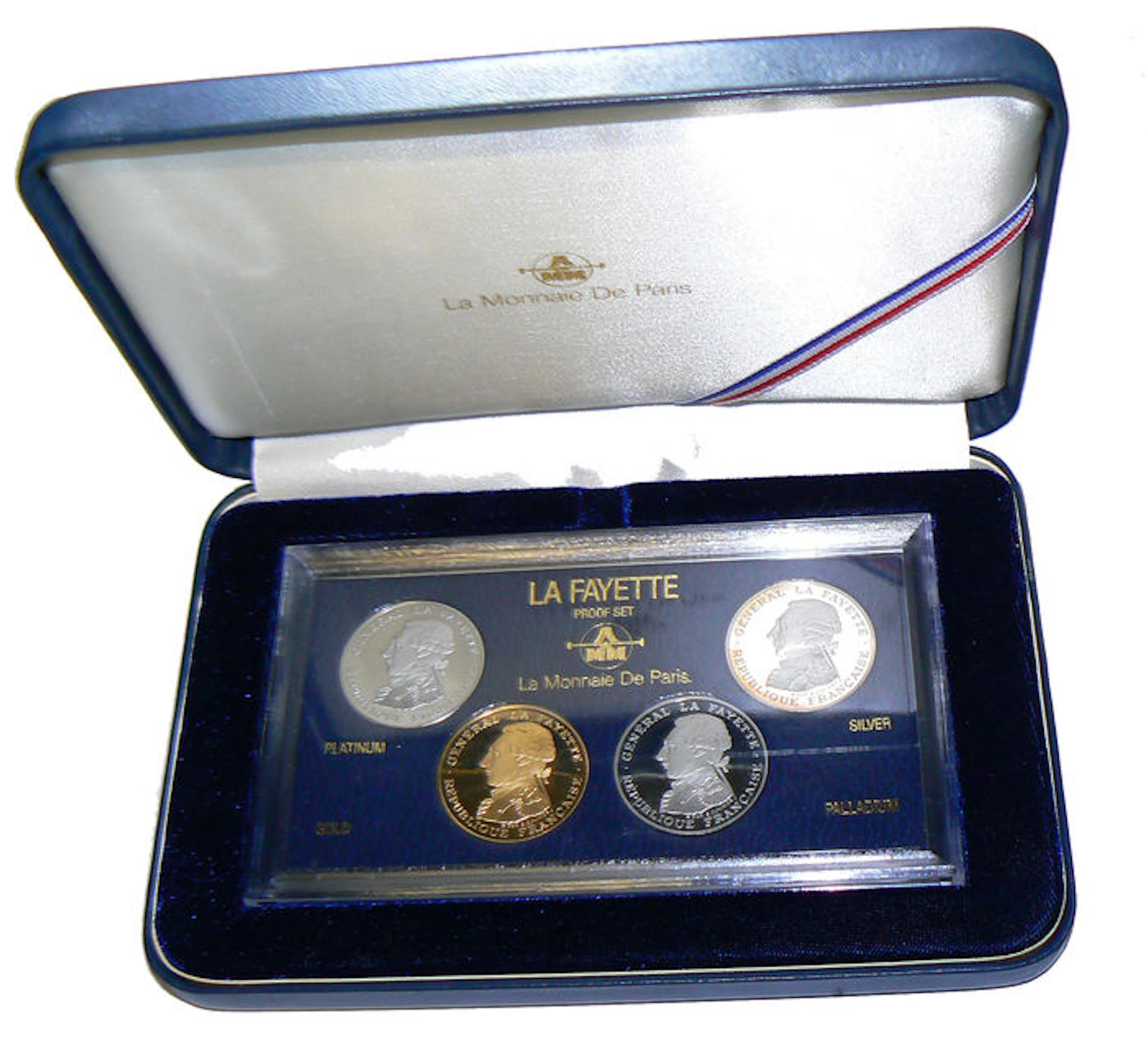 Francia - Set commemorativo 100 Franchi Proof 1987 "Lafayette" (4 pezzi) - argento, oro, platino e palladio
