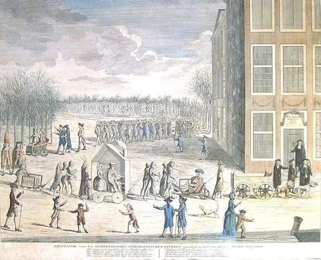 Anonymous artist - 'Lijkstaatie van den ouderwetschen Nederlandschen patriot gevolgd na het toneelstuk de Mislukte begraafnis' - on the suspension of the 's Gravenhaegsche Courant - 1781