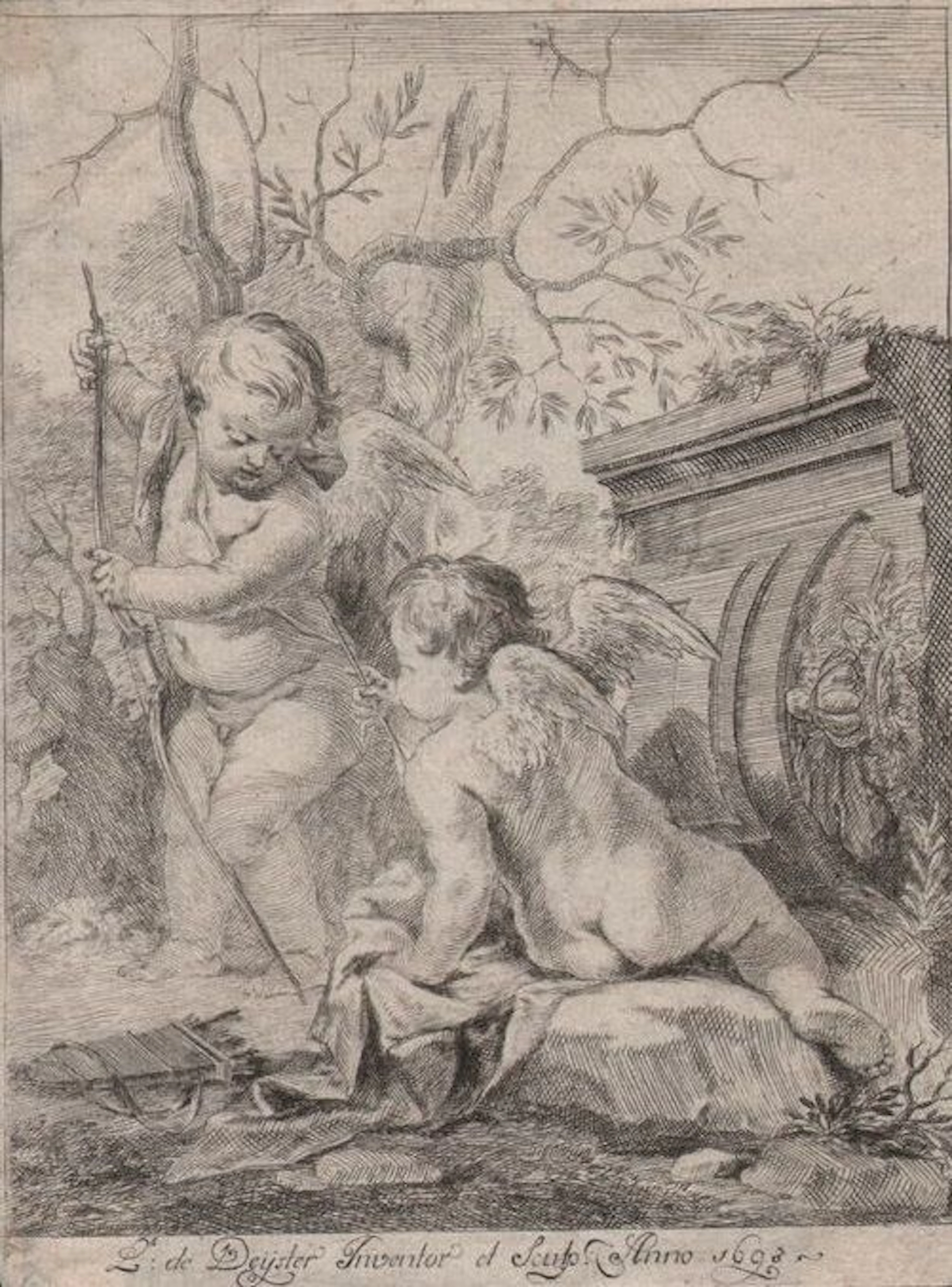 Lodewyck de Deyster (1656-1711) - Two cupids in front of an architectural fragment - 1693
