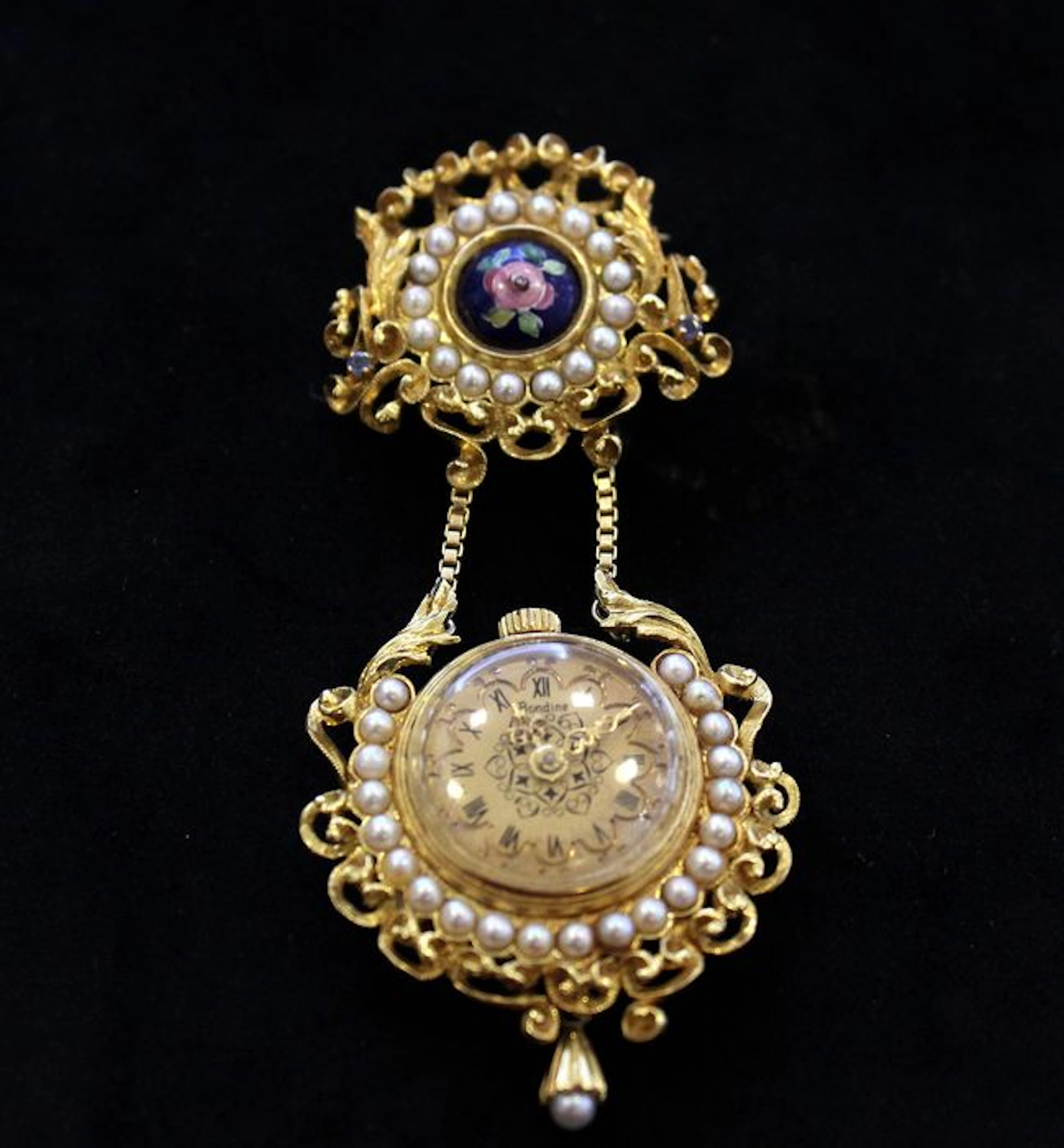 Yellow gold brooch watch with glazed pendant and pearls