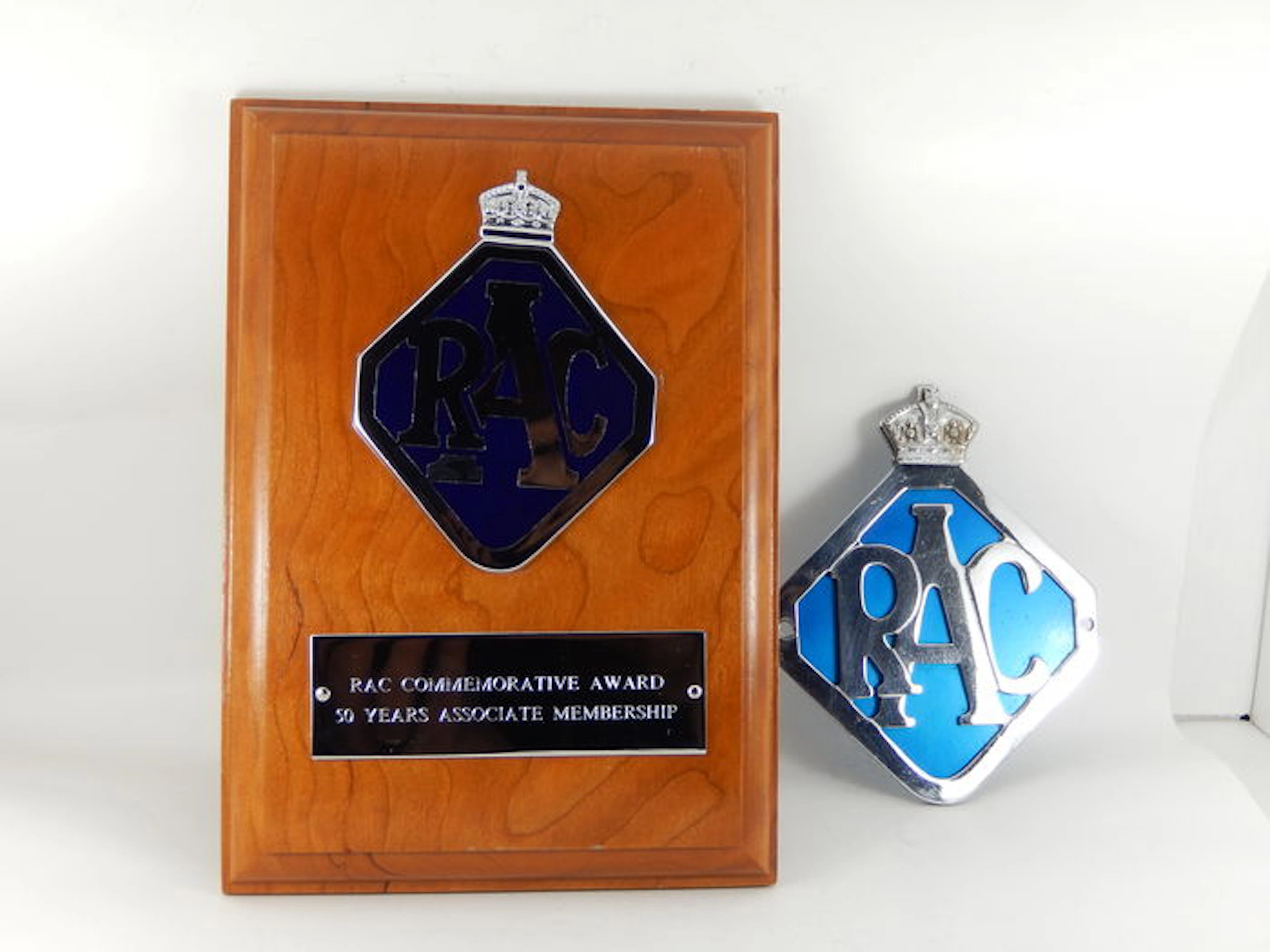 Vintage RAC Commerative Award 50 Years Associate Membership Award Badge and Vintage RAC - Royal Automobile Club Car Auto Badge - 11 cm x 8.5 cm