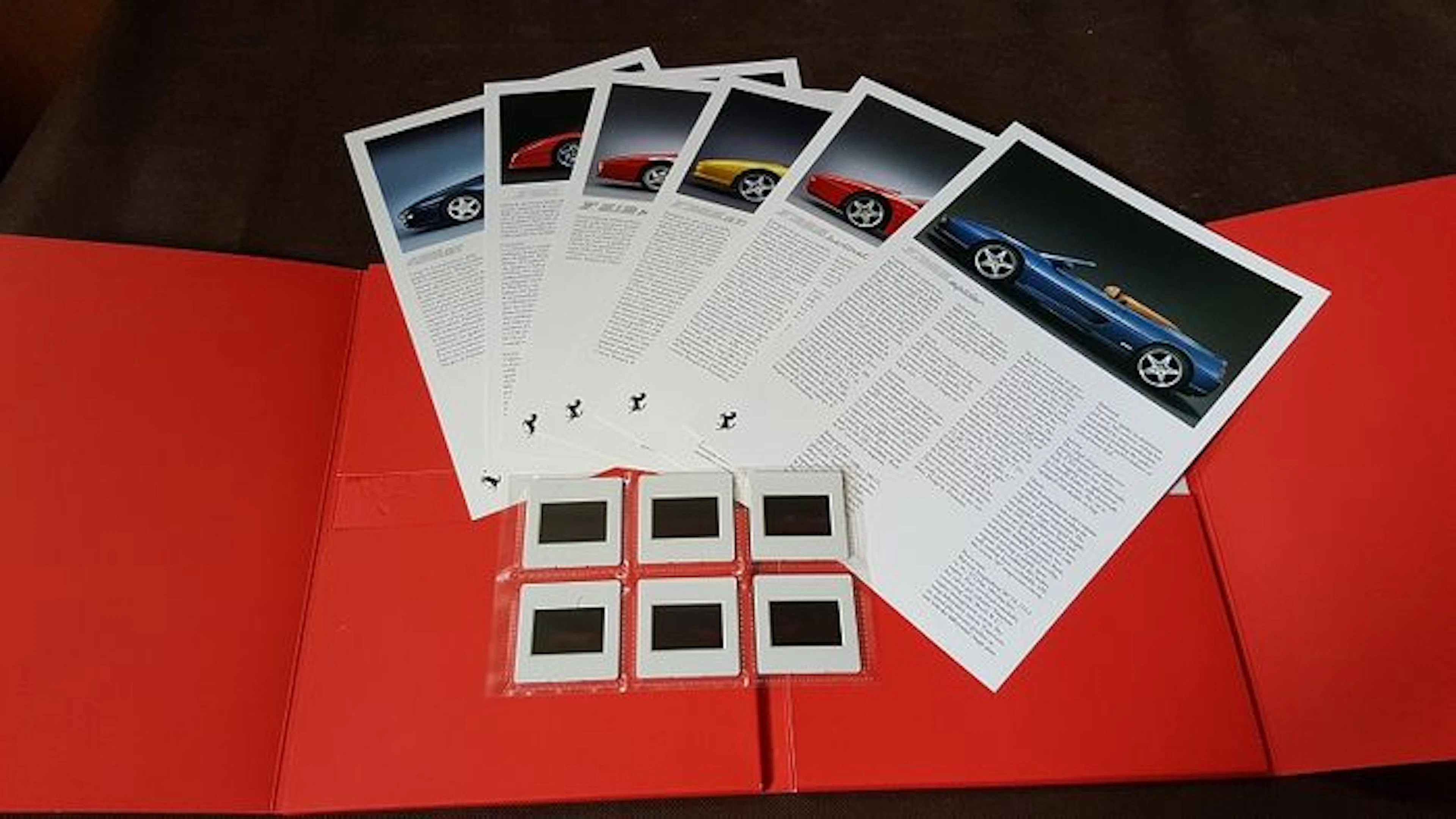 Ferrari brochure with boarda and slides - F 355, F 50, F 512, 456 GT.