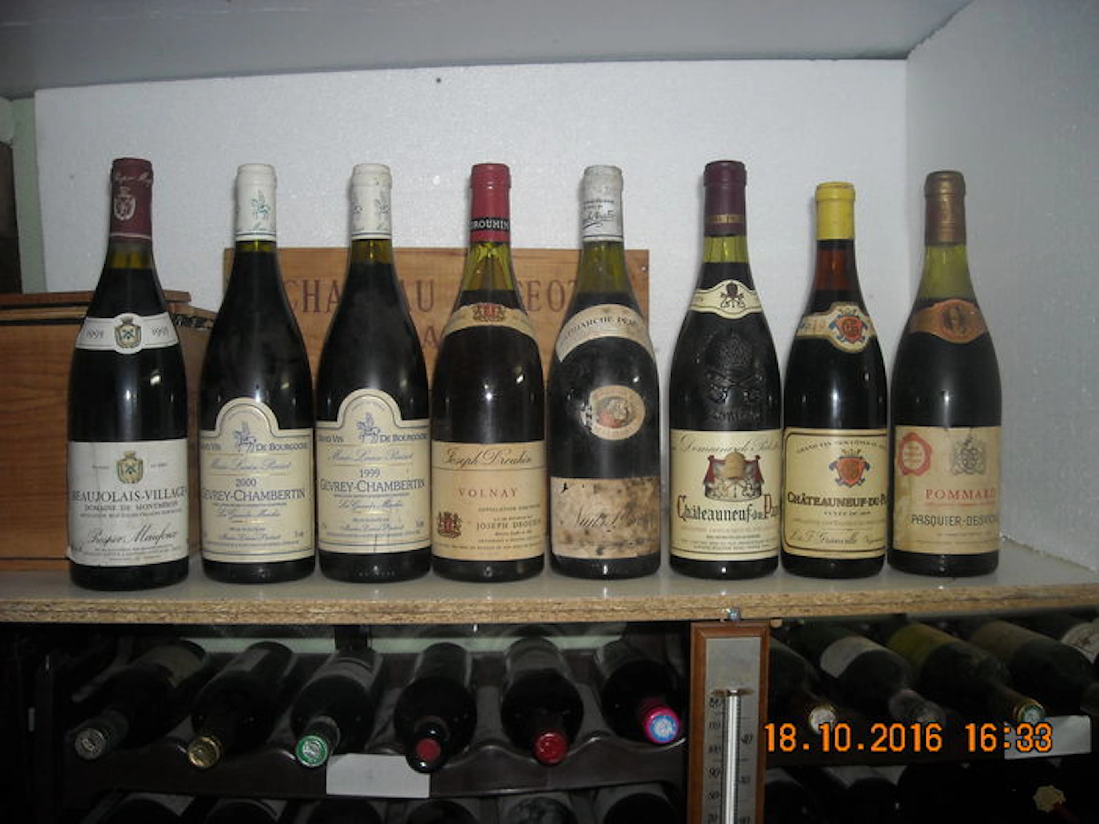 Lot of mixed bottles 2x Marie-Louise Parisot Les Grandes Marches Gevrey-Chambertin 1999 2000 1x Beaujolais Villages Dom de Montméron 1975 1x Volnay Joseph Drouhin 1x Nouits St Georges 1983 1x Dom de Palestor Chateauneuf du Pape 1979 1x Chateauneuf du