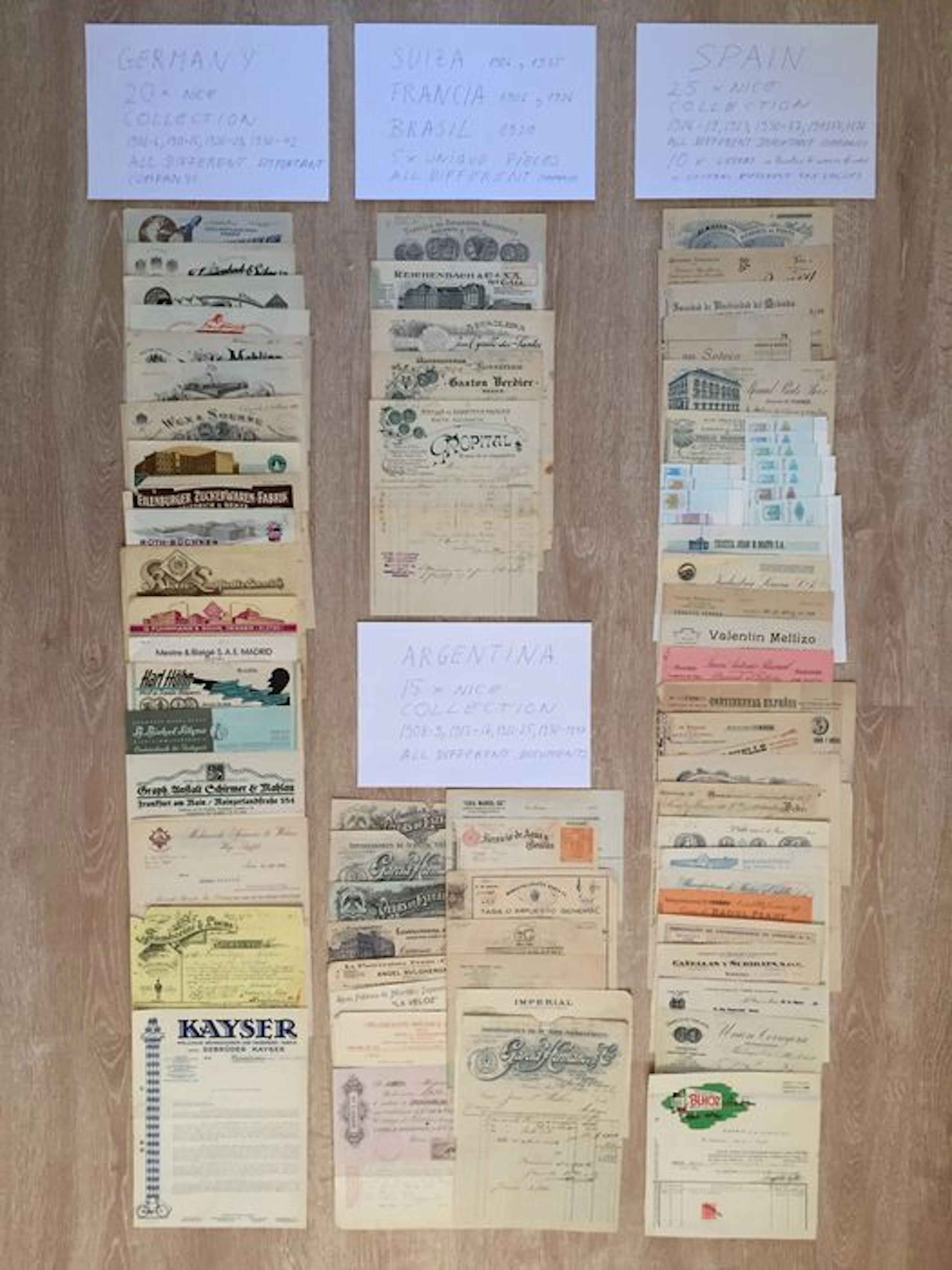 Beautiful antique collection of 75 international bank notes, 1902 to 1905, 1915. Economy, industry, business, fairs, medals, shares, stamps, lieferscheine rechnungen, delivery note invoice company, Germany, Switzerland, France, Brazil, Spain