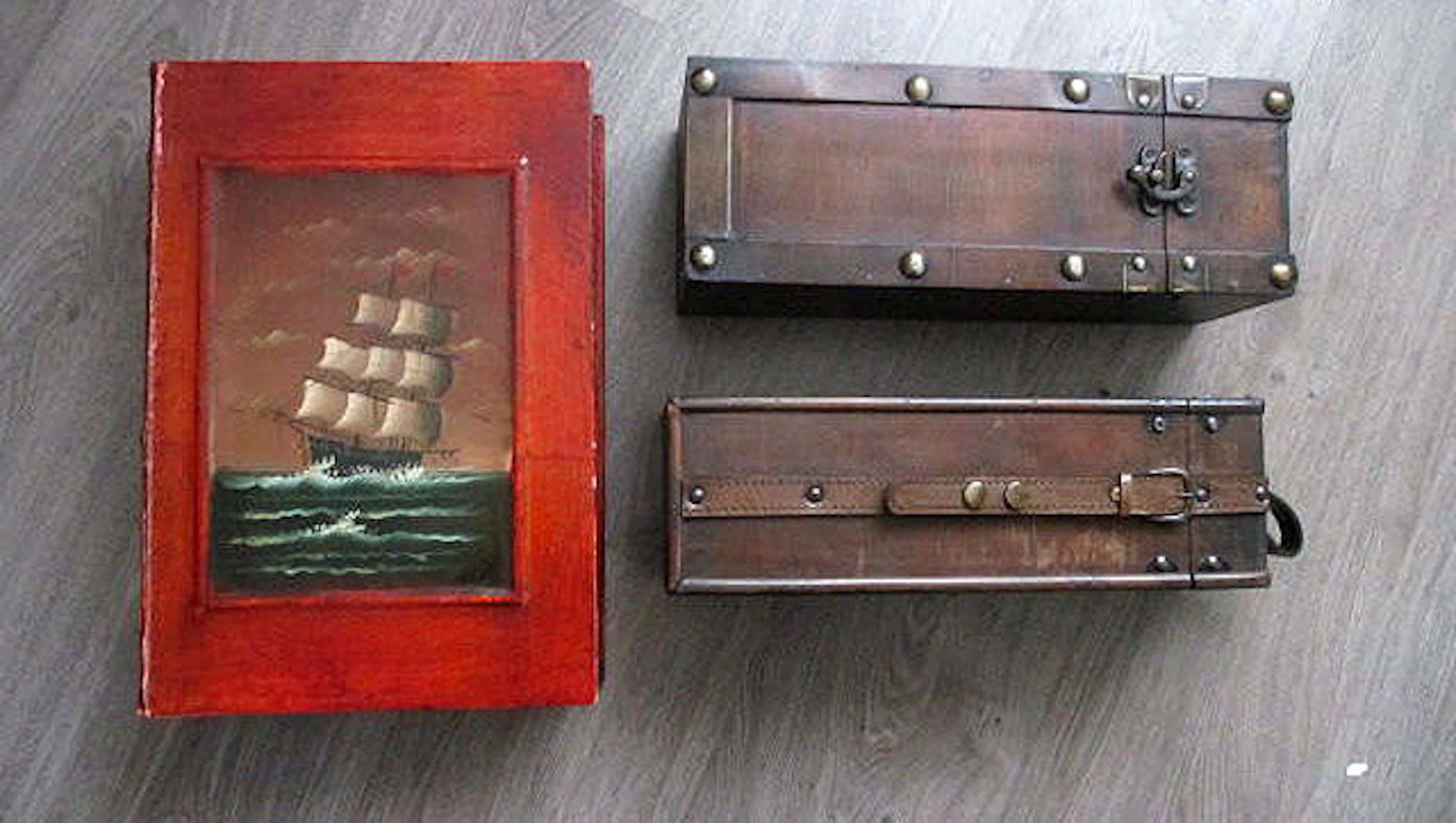 Wooden boxes in book form oil paint - two wine bottle boxes - 2nd half of 20th century