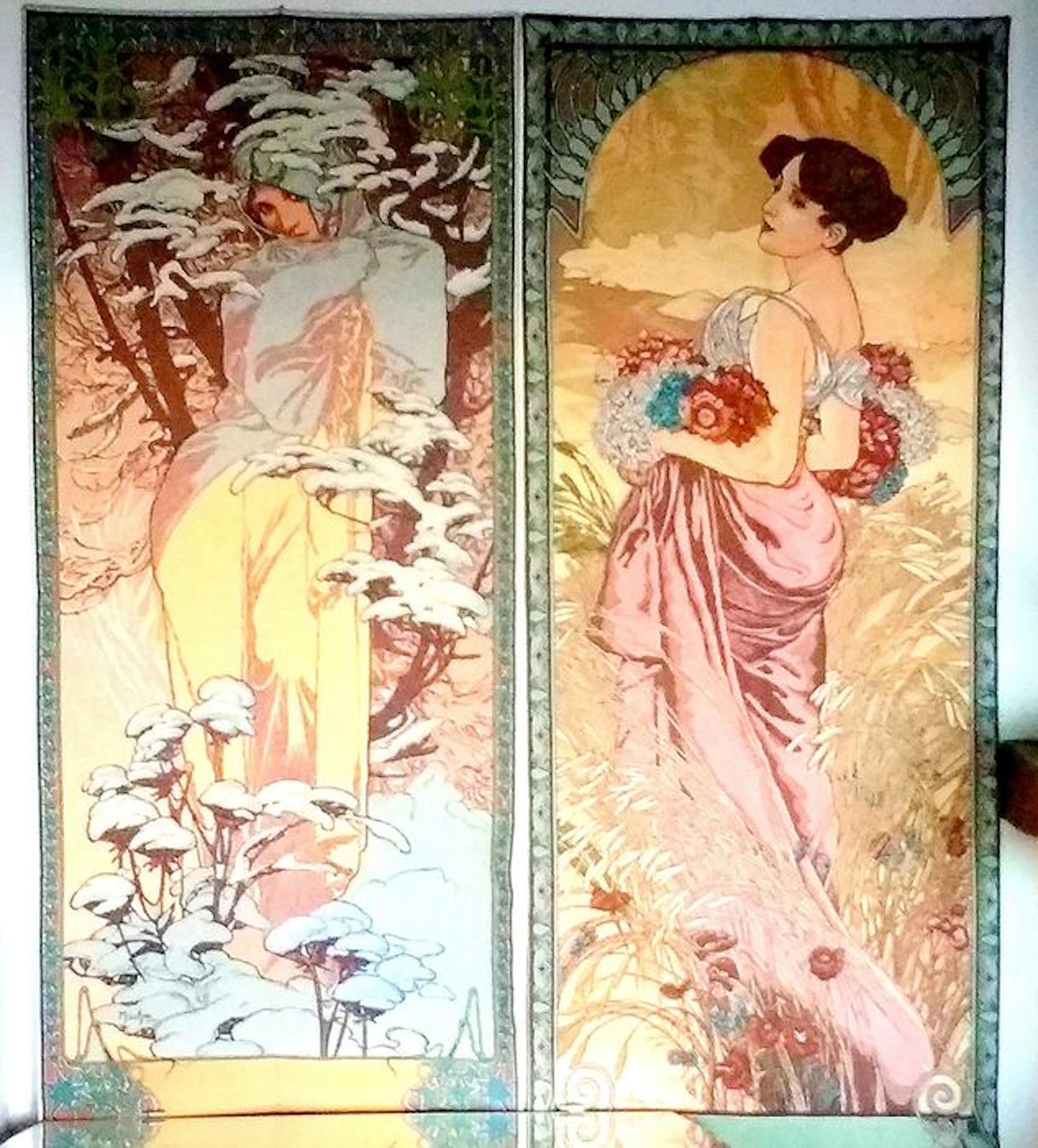 Alphonse Mucha Belgian woven Jacquard wall tapestry - Winter and Summer Lifesize Art Nouveau
