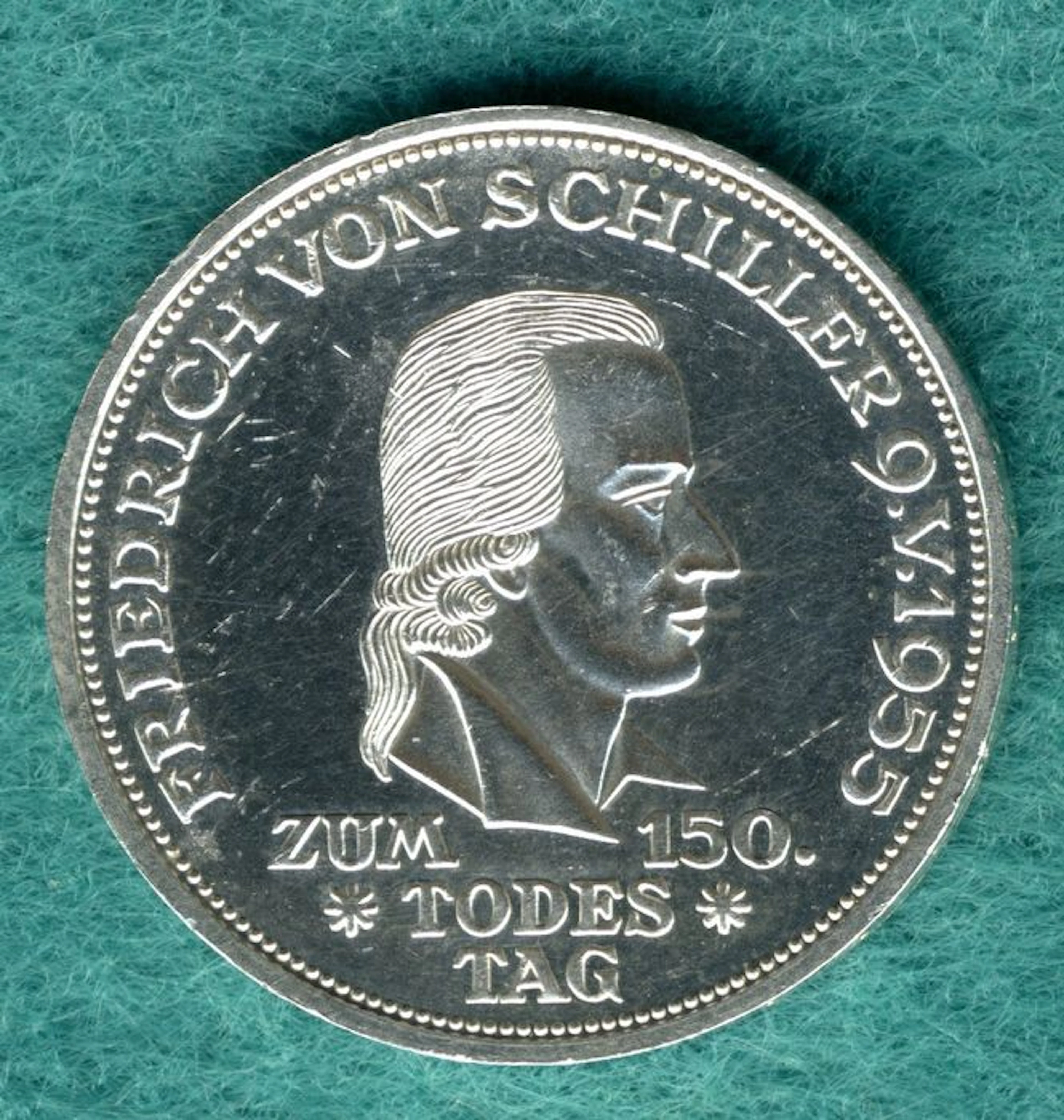 West Germany - 5 German mark 1955 F 150 Death date of Friedrich von Schiller - silver
