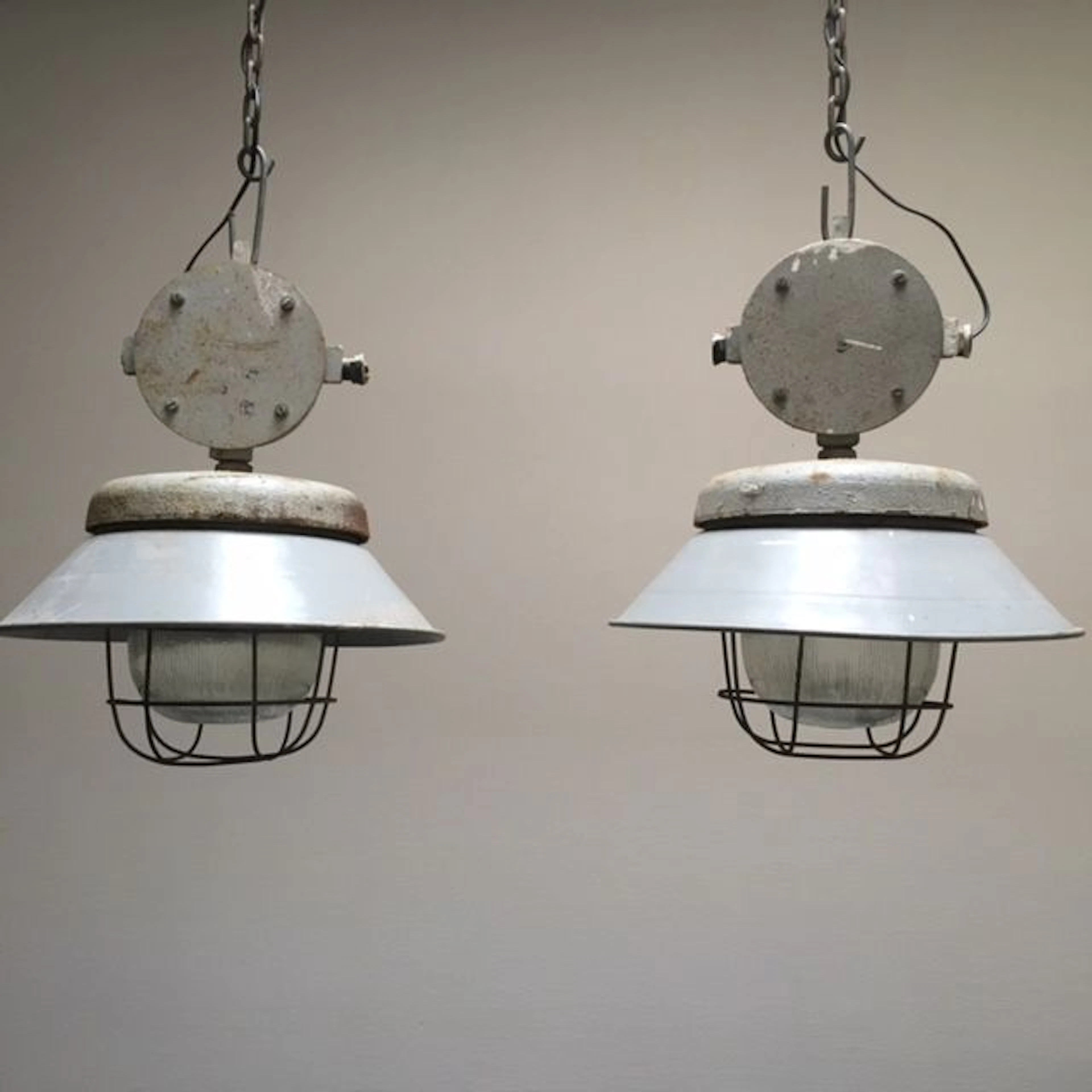 Unknown designer – Large, impressive industrial lights with loose shades (2x)