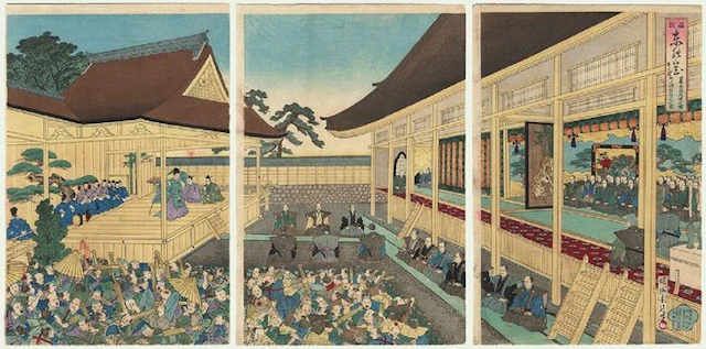 Large original triptych woodblock print by Toyohara Chikanobu (1838-1912), title: Town People Watching the Noh Play Okina in Edo Castle – Japan – 1889