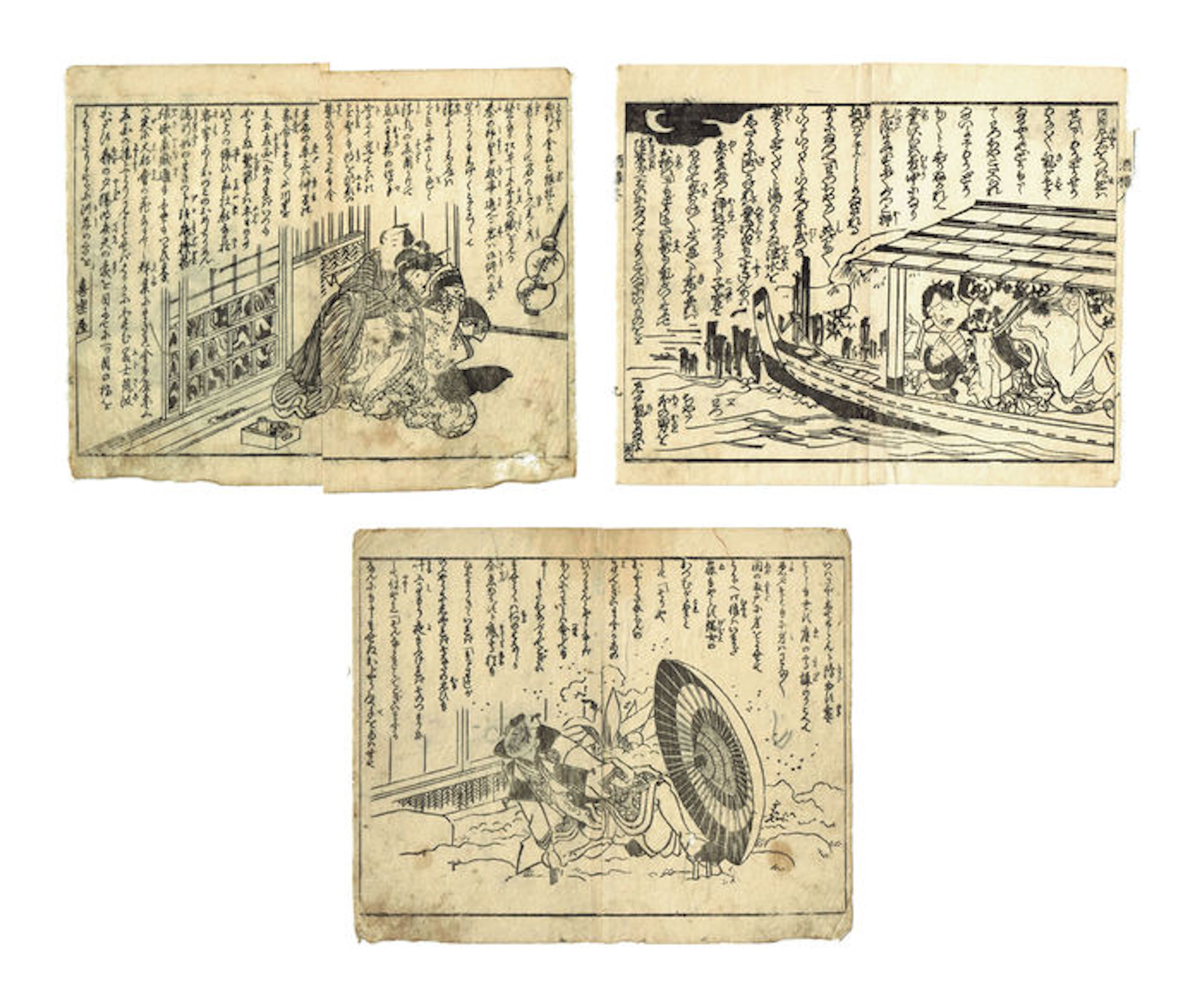 Three shunga woodblock prints from the Utagawa School – Japan – circa 1850