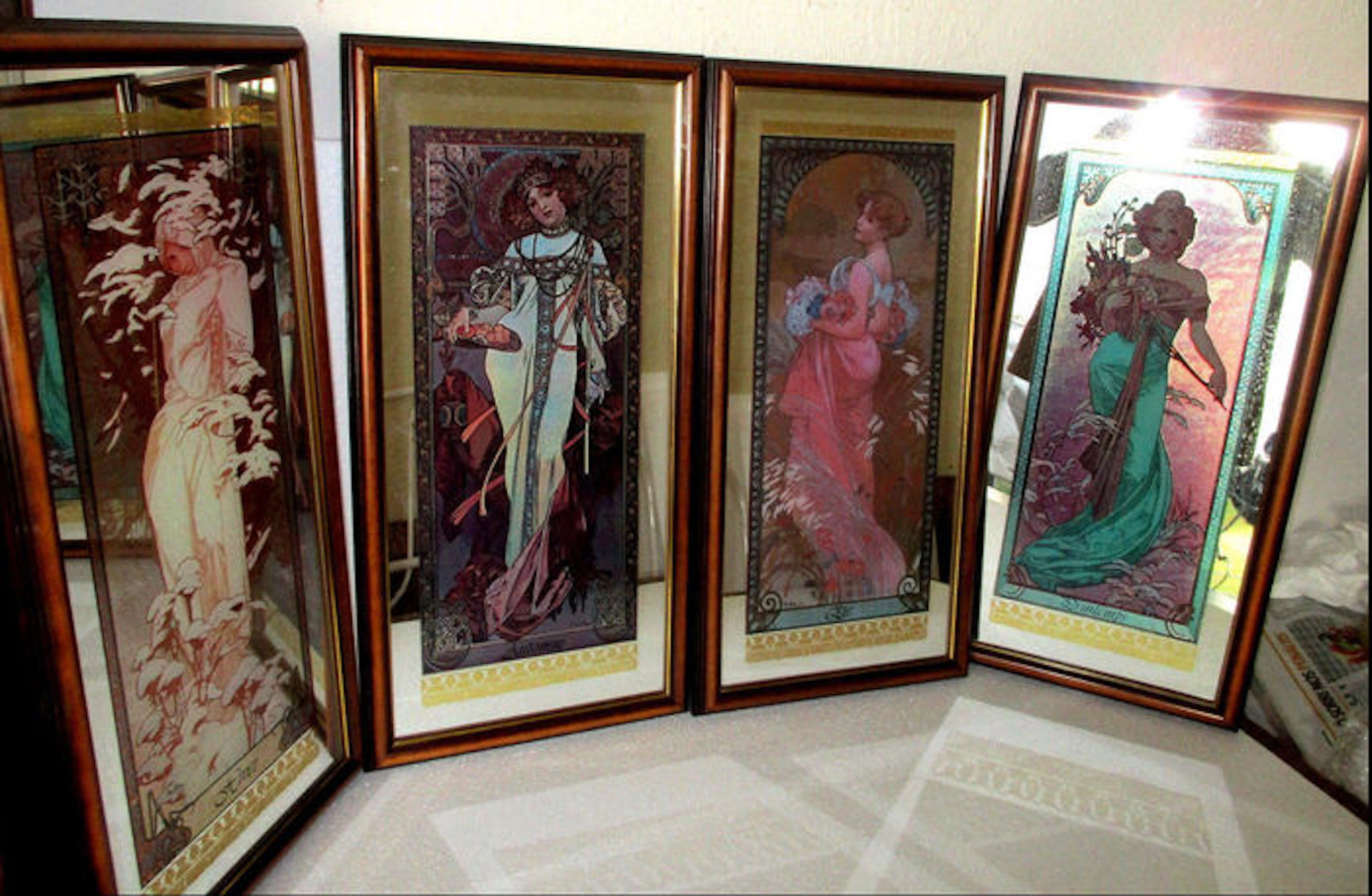Alphonse Mucha Rare Vintage Mirror Painted framed Allegorical 4 seasons Depicting 4 Women as Spring, Summer, Winter and Autumn