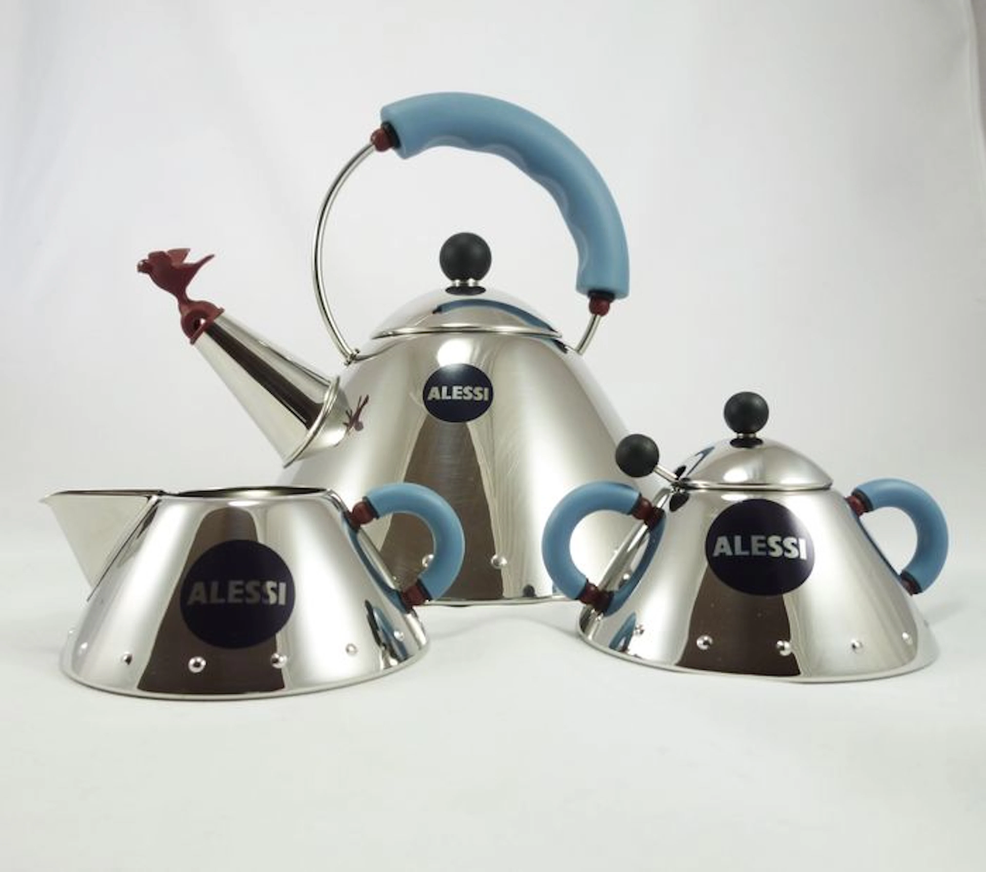 Michael Graves for Alessi - Flute kettle 9093 + milk can 9096 + sugar tin 9097