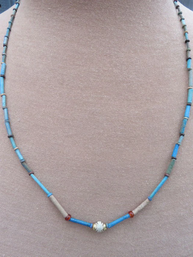 Egyptian necklace with faience and carnelian/gold beads - 60 cm