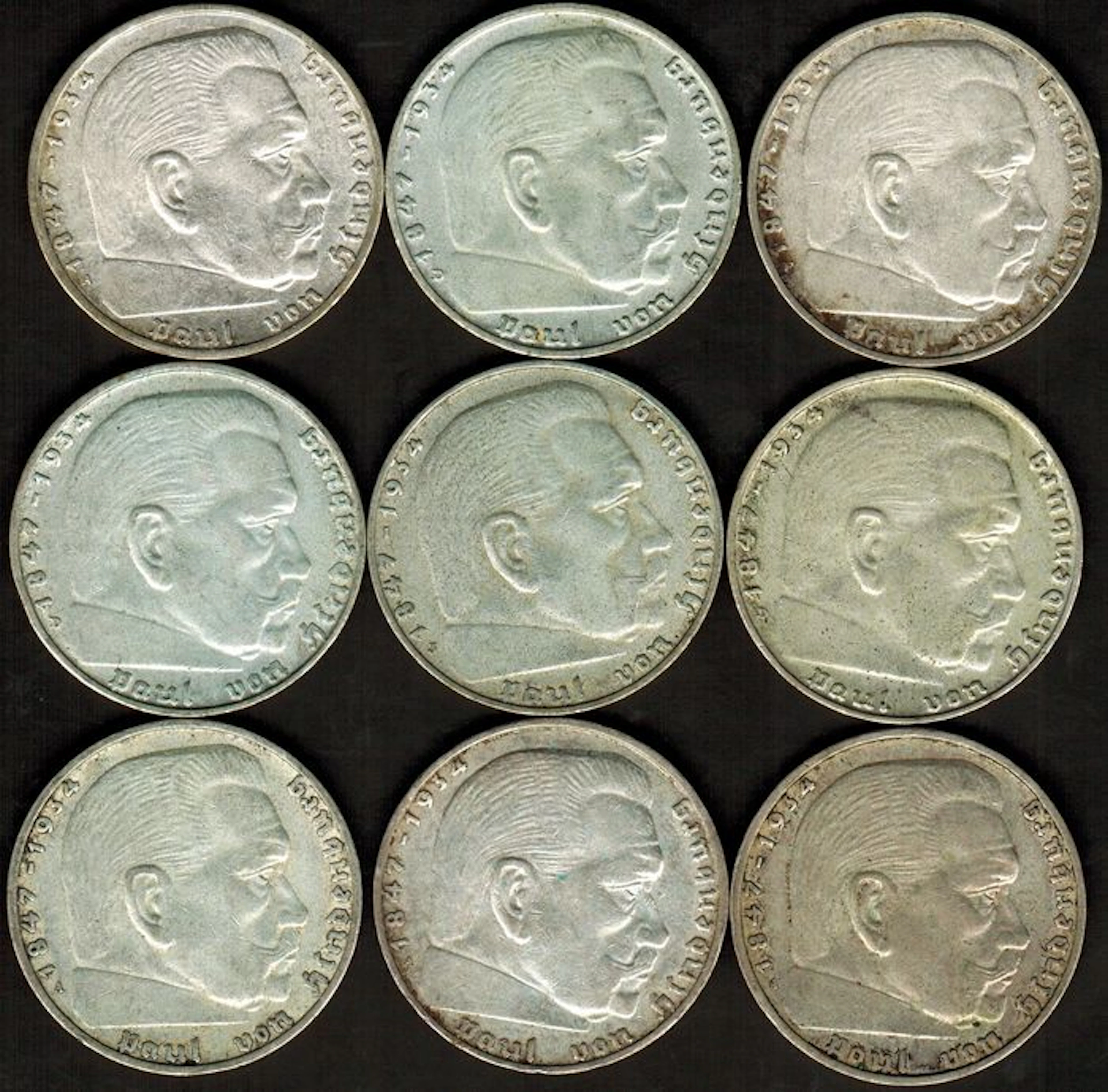 Germany, Third Reich - 9 x 2 Reichsmark 1937 (3), 1938 (3), 1939 (3) (9 pieces )