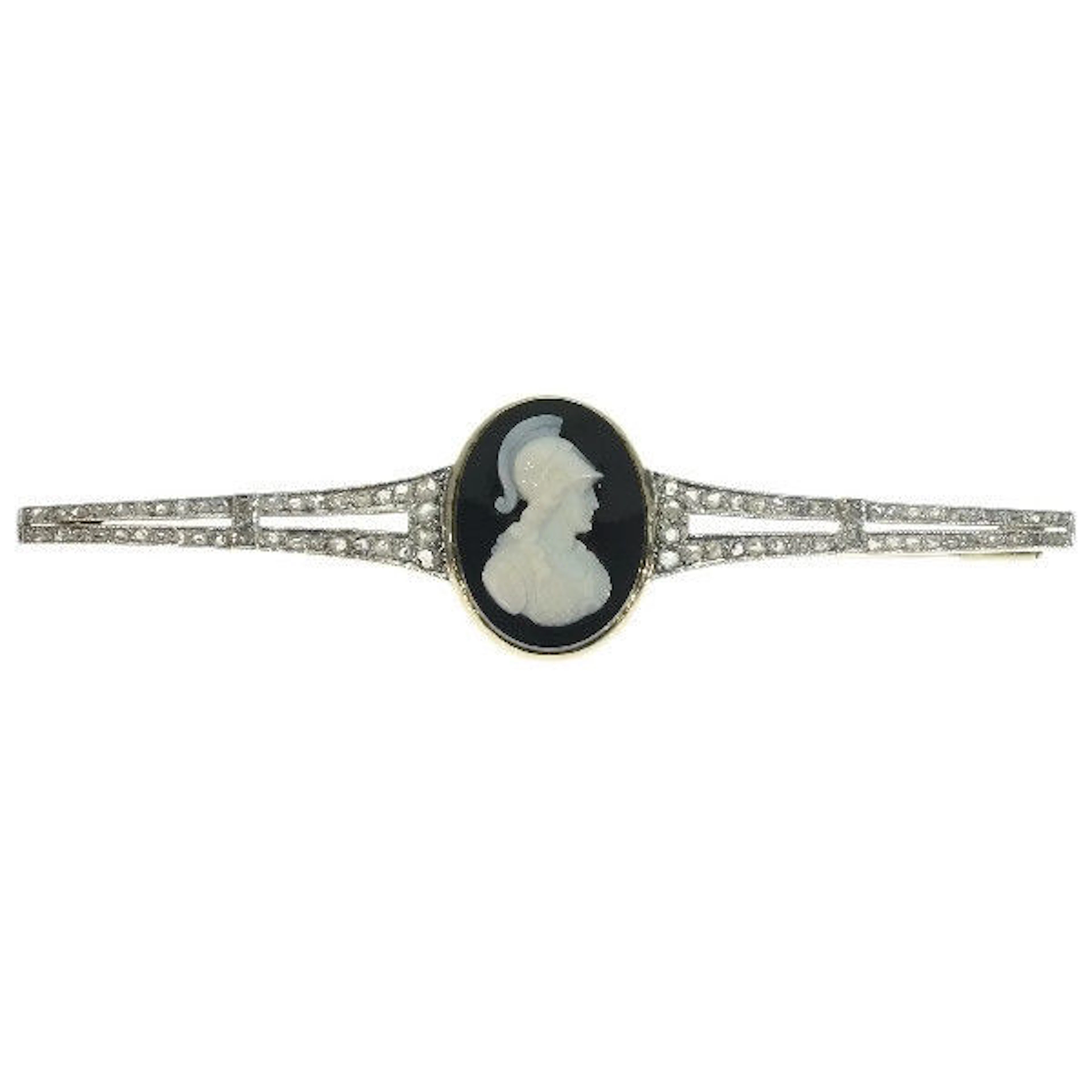 Vintage diamond bar brooch with Athena cameo hard stone and 80 (!) rose cut diamonds - 1930