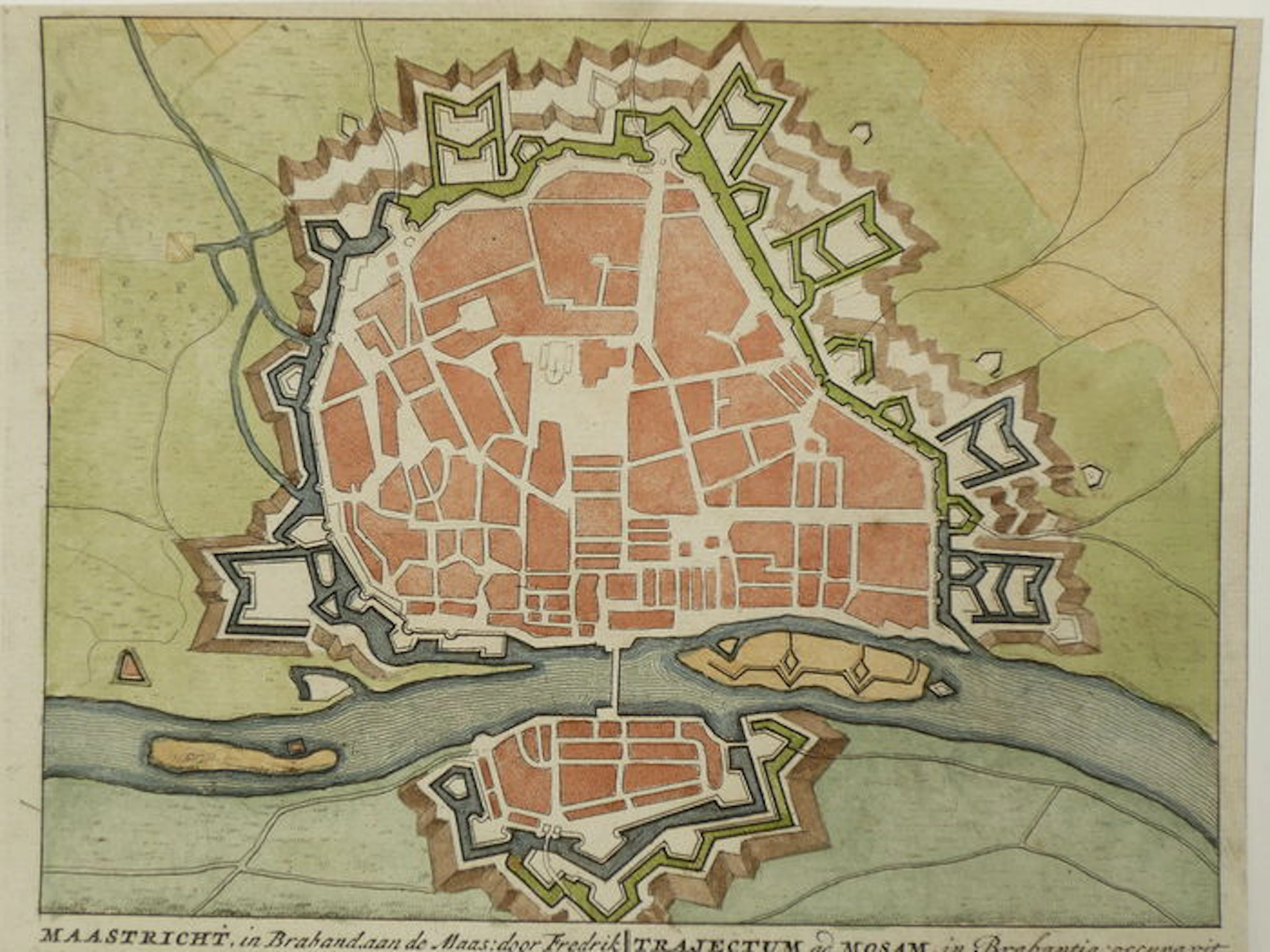 Maastricht; Petrus Schenk - Maastricht in Braband aan de Maas door Fredrik Hendrik gewonnen 1632 door Louys de XIV 1673 (...). ca. 1710