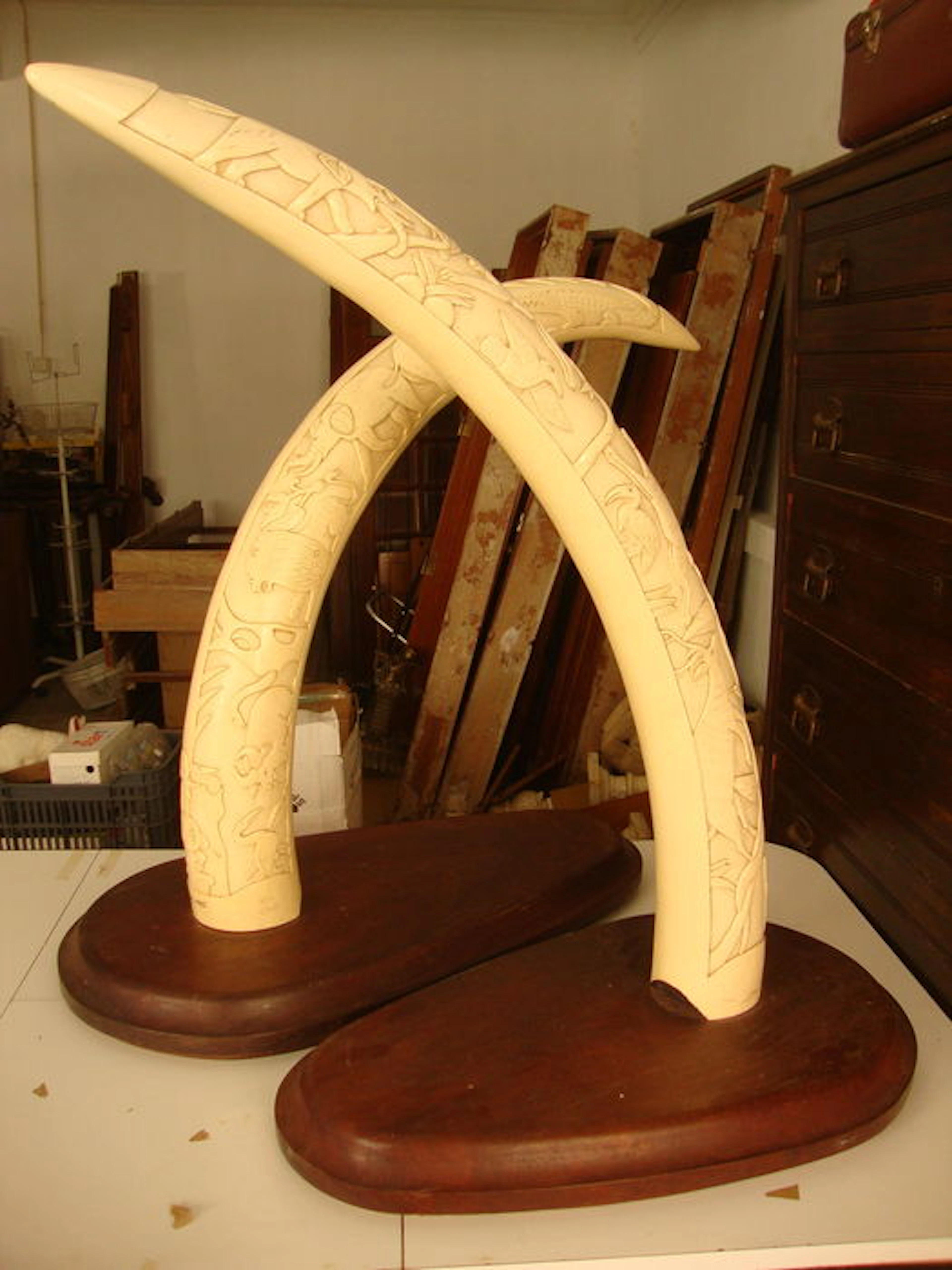 Pair of large carved Elephant Tusks - 127cm and 140cm - 31,50kg - CITES Article 10s Nos 15-PT-LX03122/C, and 23/C (2)