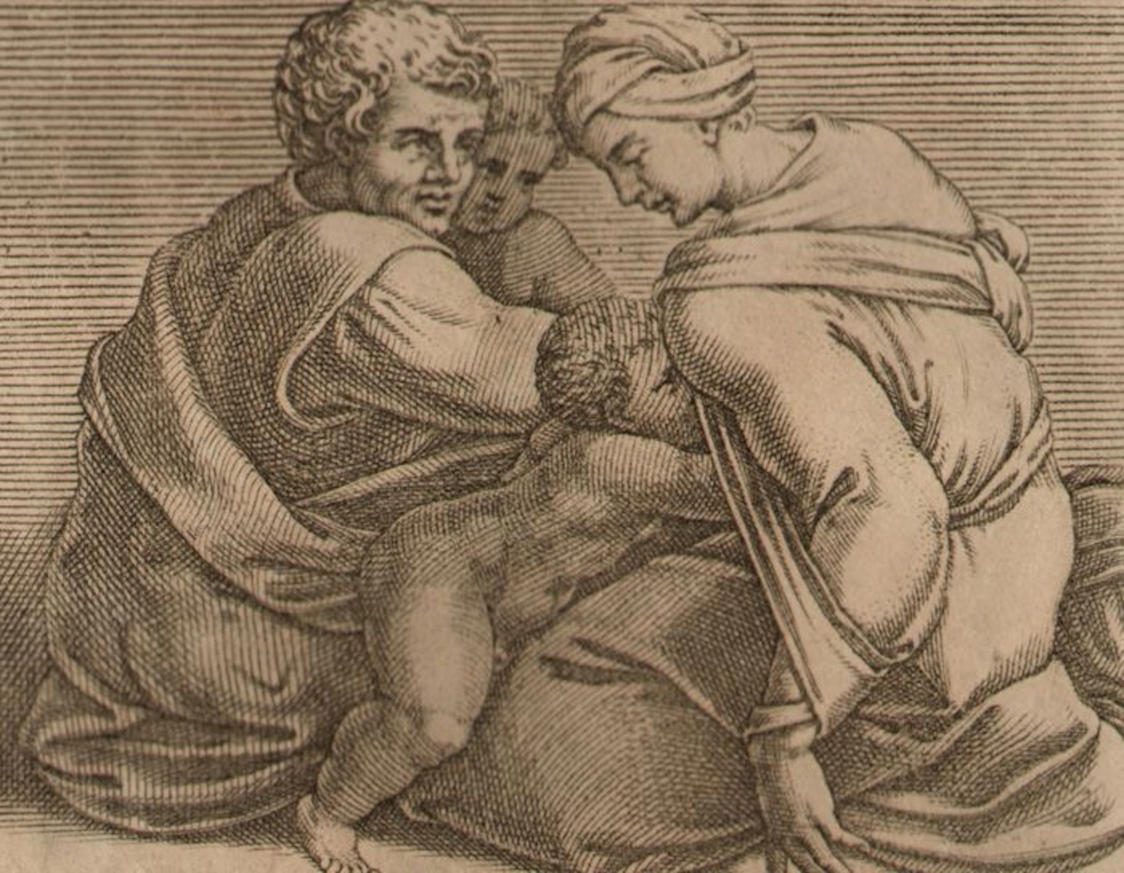 Adamo Scultori (actief 1547-1587) - family with suckling child - After the figure in the Sistine Chapel by Michelangelo (1475-1564) circa 1550-1570