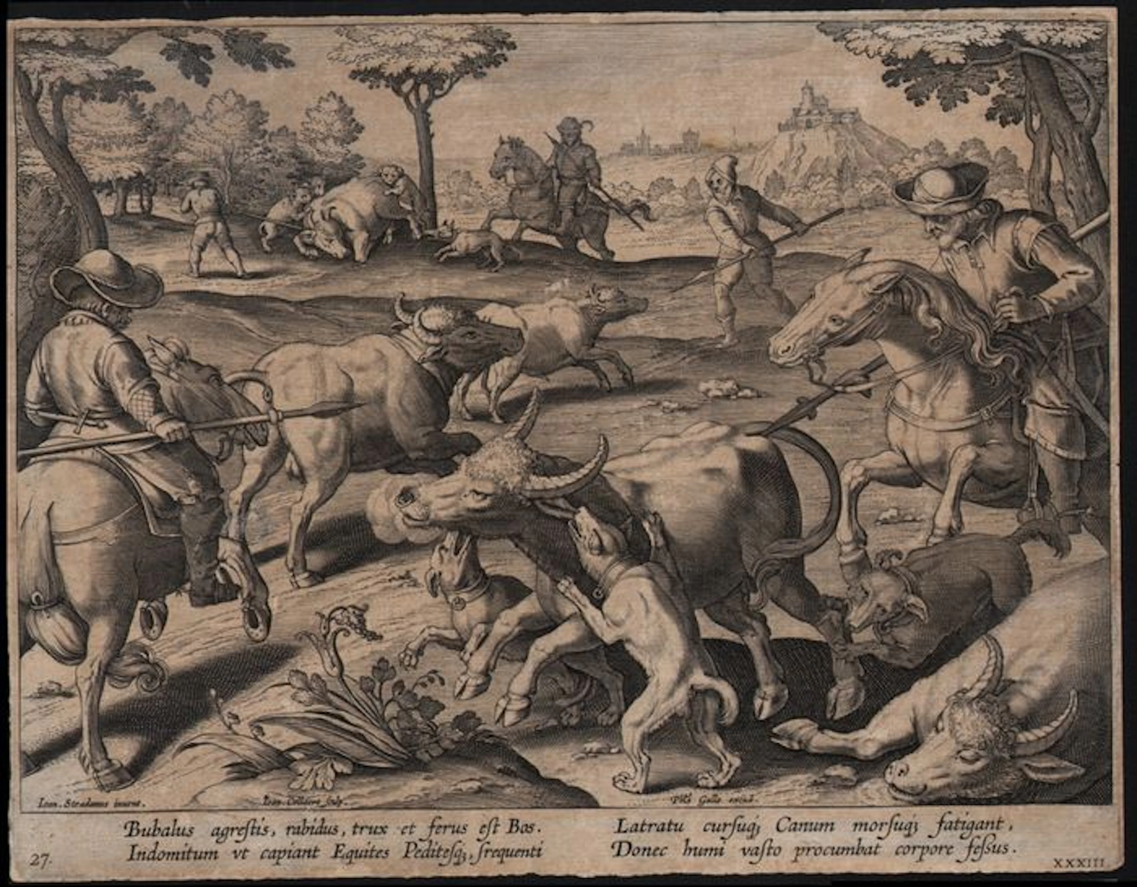 Jan van der Straet, (1523-1605) door Jan Collaert II (1561 - c.1620) - Buffalo Hunt - from the series Venationes Ferarum, Avium, Piscium - 1578