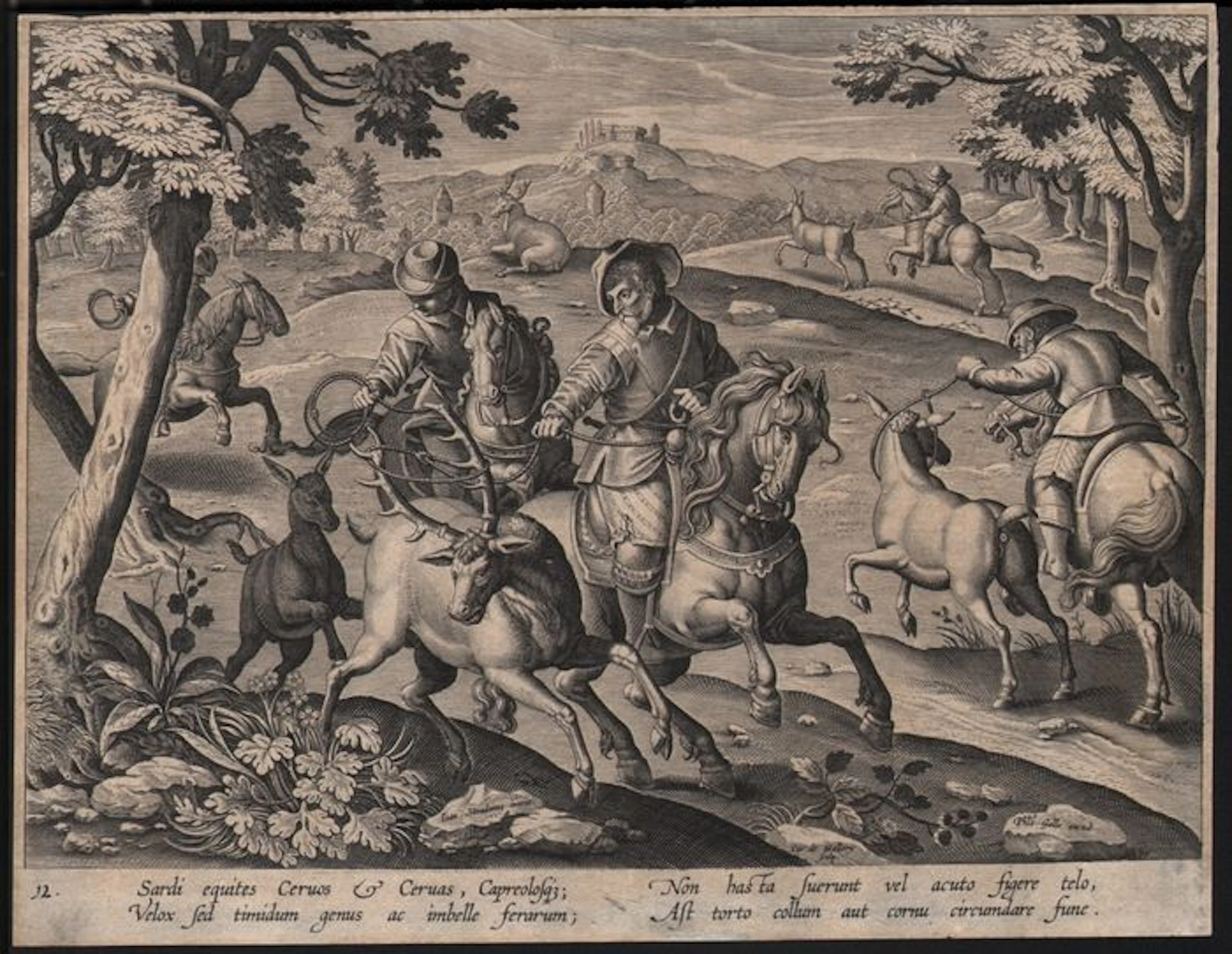 Jan van der Straet, (1523-1605) by Carel van Mallery ( 1571 - 1635) - Deer Hunt with Lassos - from Venationes Ferarum, Avium, Piscium - 1596