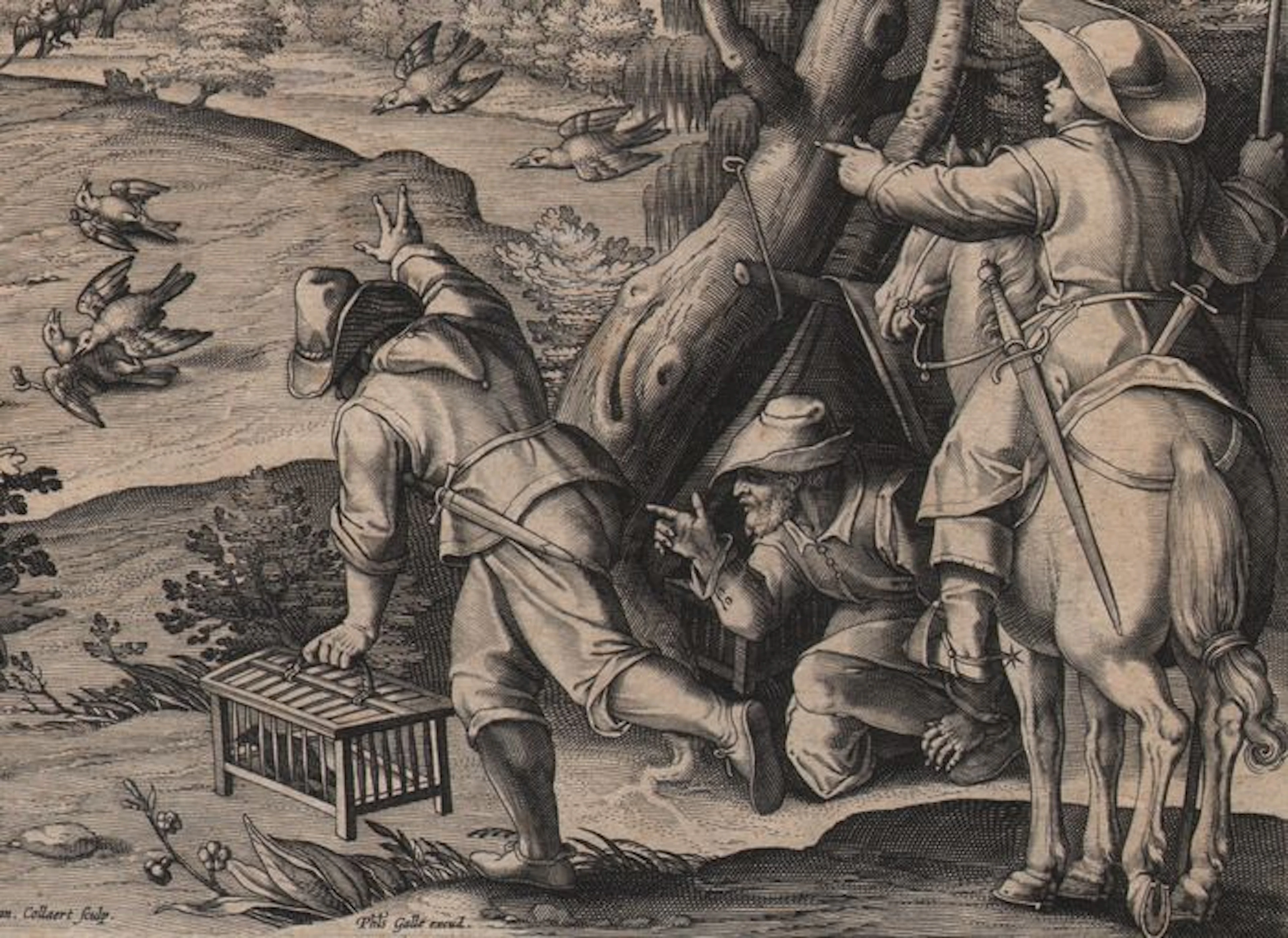 Jan van der Straet, (1523-1605) by Jan Collaert II (1561 - c.1620) - Crow and Starling Hunt - from Venationes Ferarum, Avium, Piscium - 1596