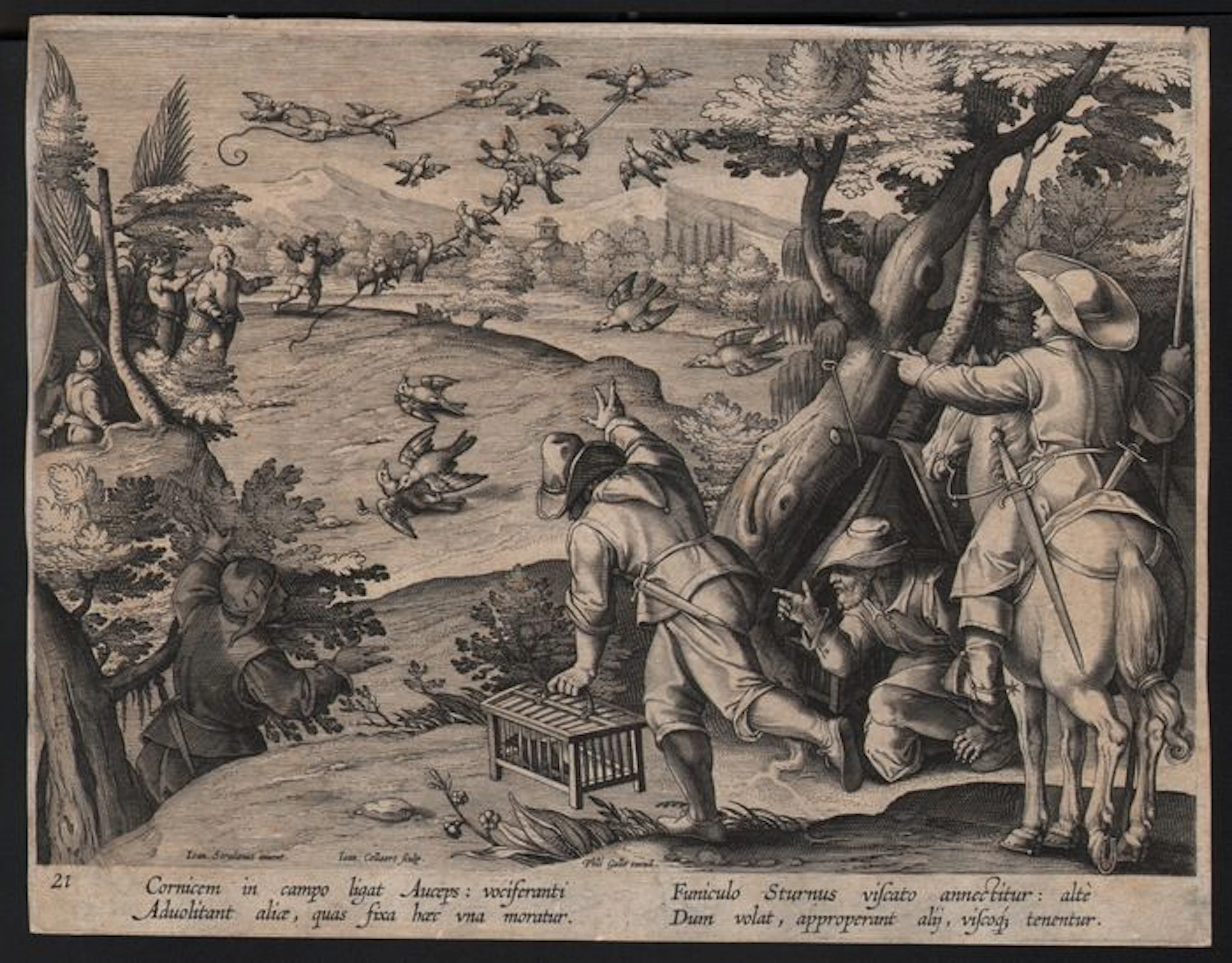 Jan van der Straet, (1523-1605) by Jan Collaert II (1561 - c.1620) - Crow and Starling Hunt - from Venationes Ferarum, Avium, Piscium - 1596