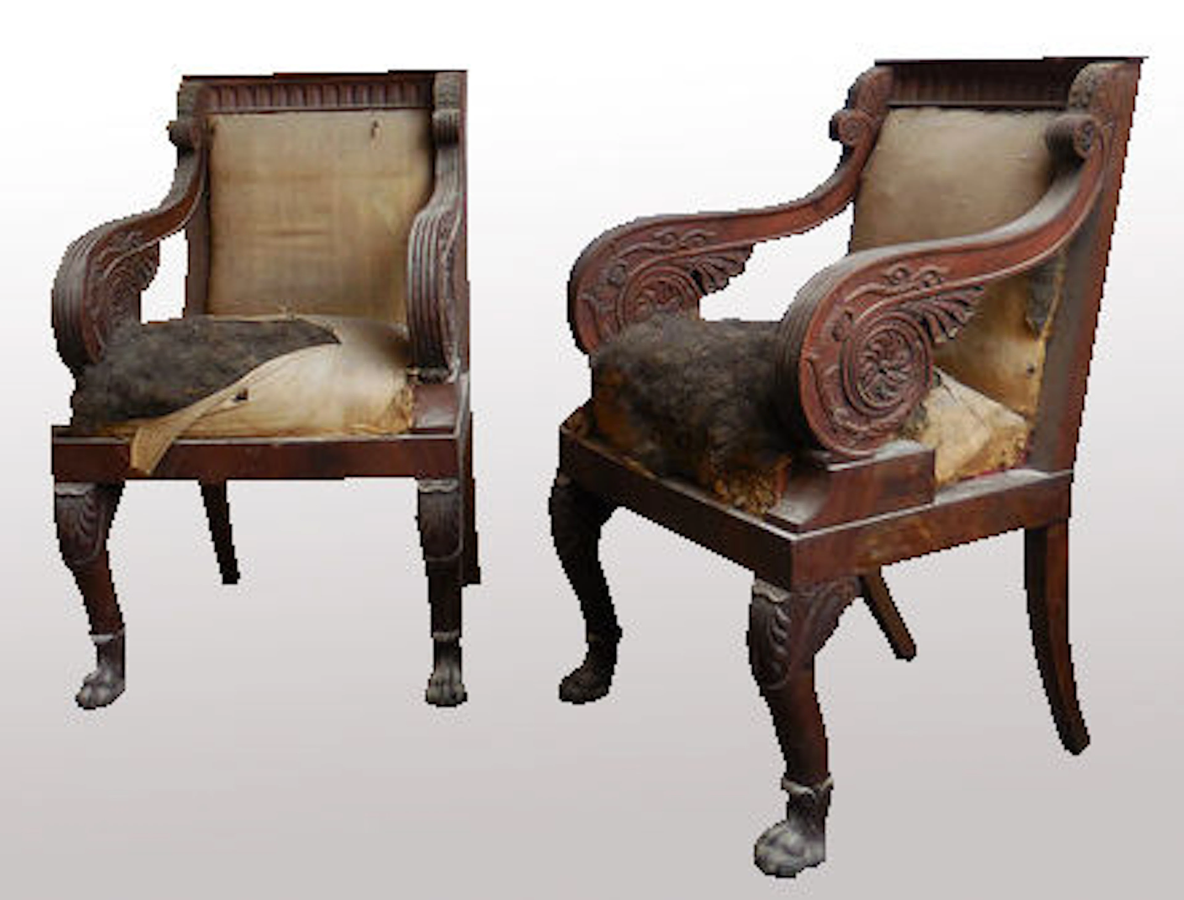 A pair of Empire carved mahogany fauteuils à la Reine - in the manner of Percier & Fontaine - France or Italy - early 19th century