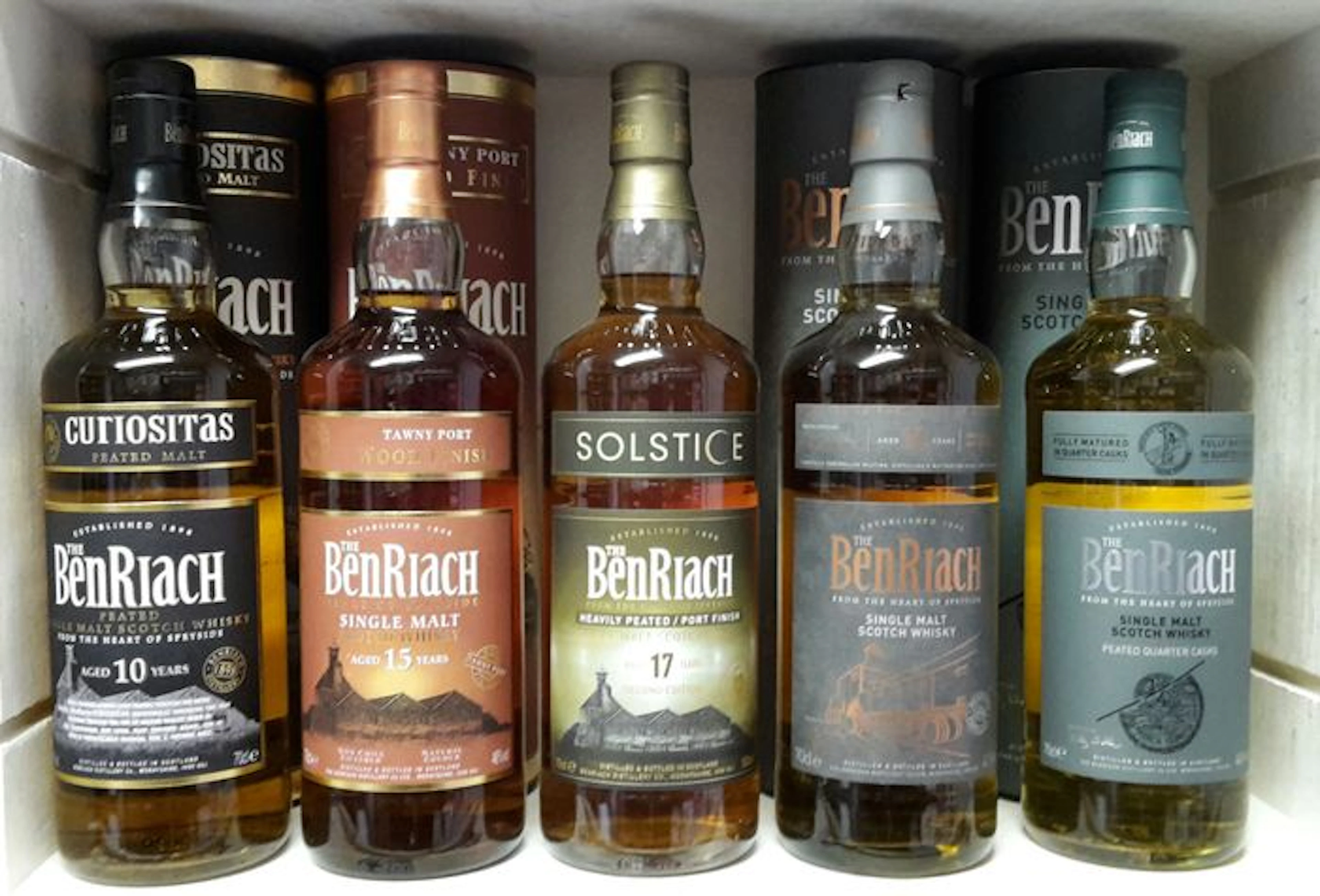 5 bottles - Benriach Curiositas, 15yo Tawny Port, Solstice 17yo, 10yo and Peated Quarter Casks