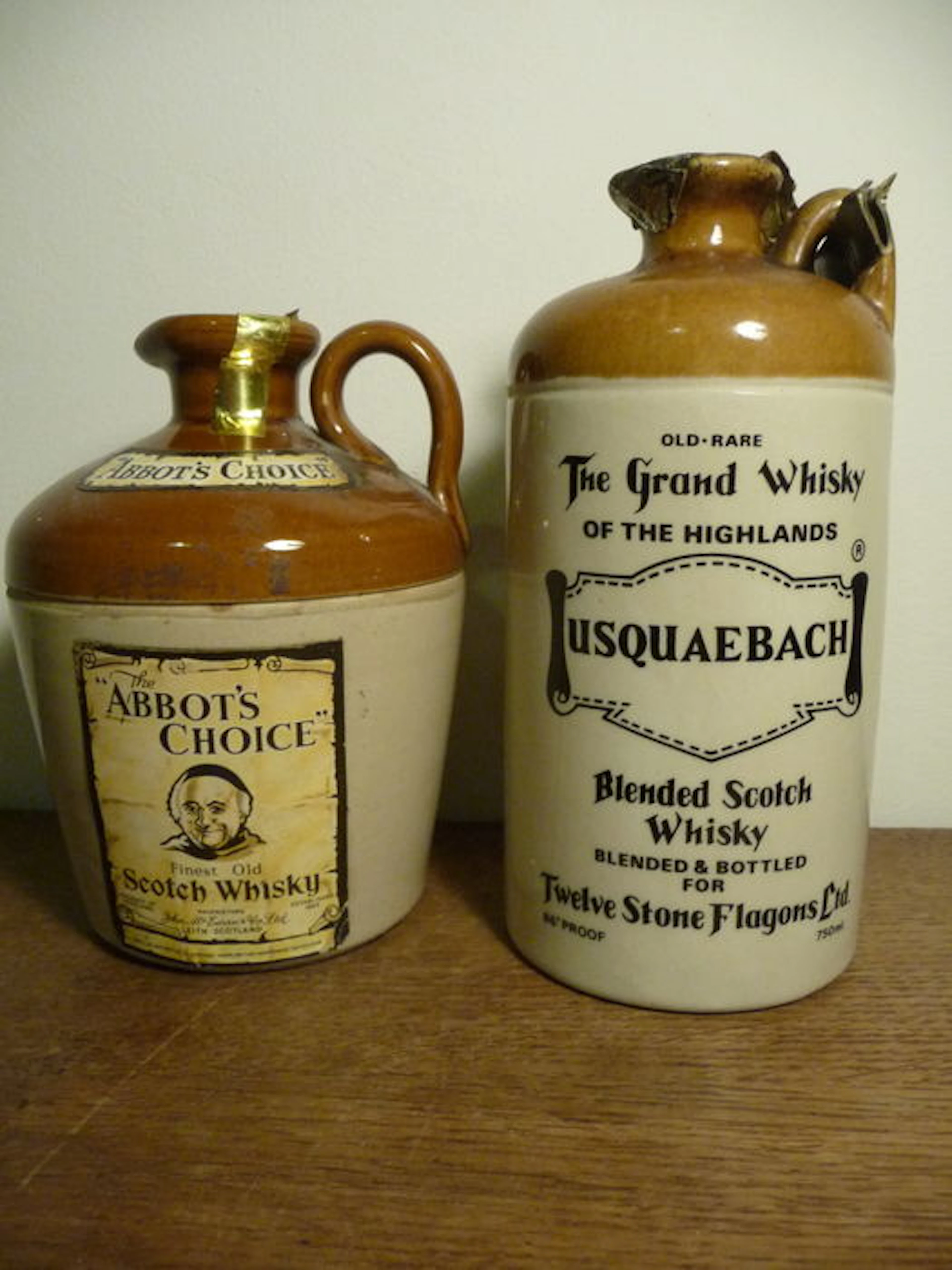 2 ceramics - Abbot's Choice + Usquaebach for Twelve Stone Flagons - from 80's