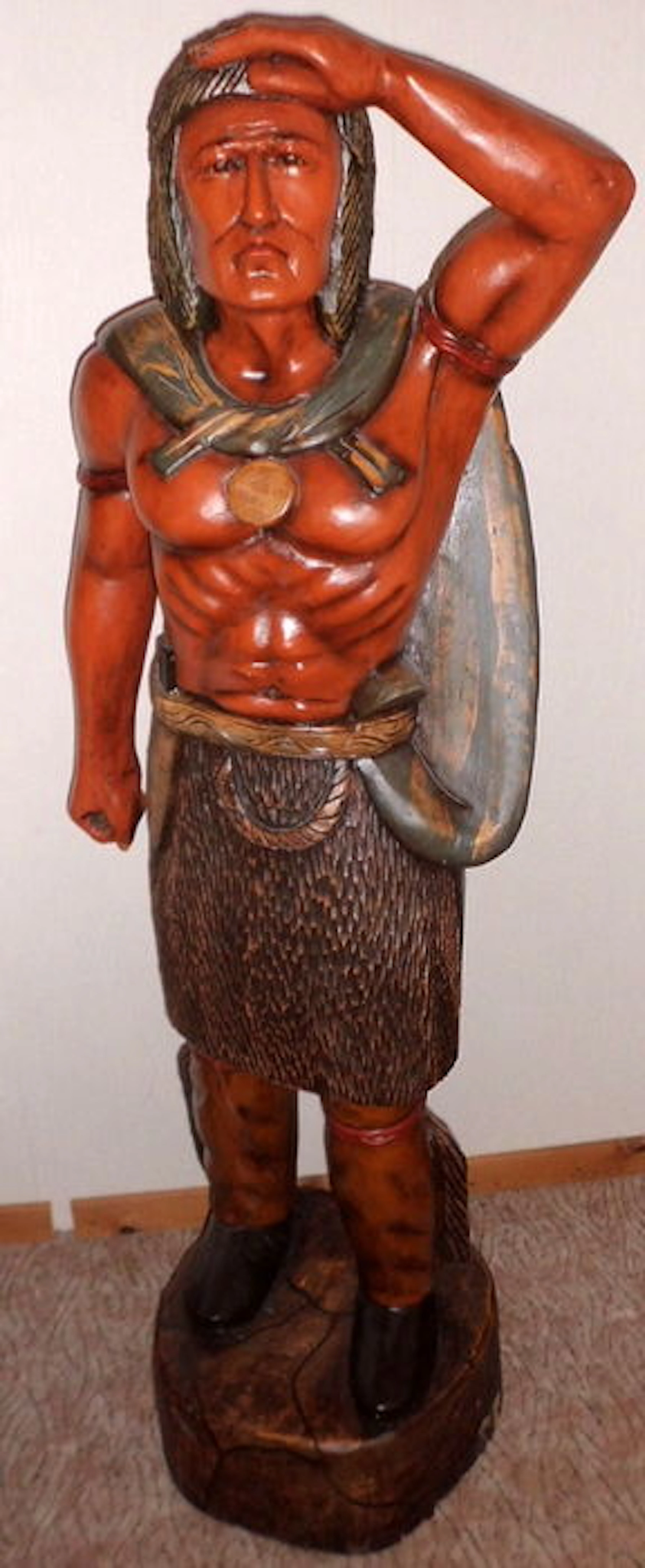 Polychrome massive wooden sculpture "Indian Hunter" life-size, weighs about 75 kg