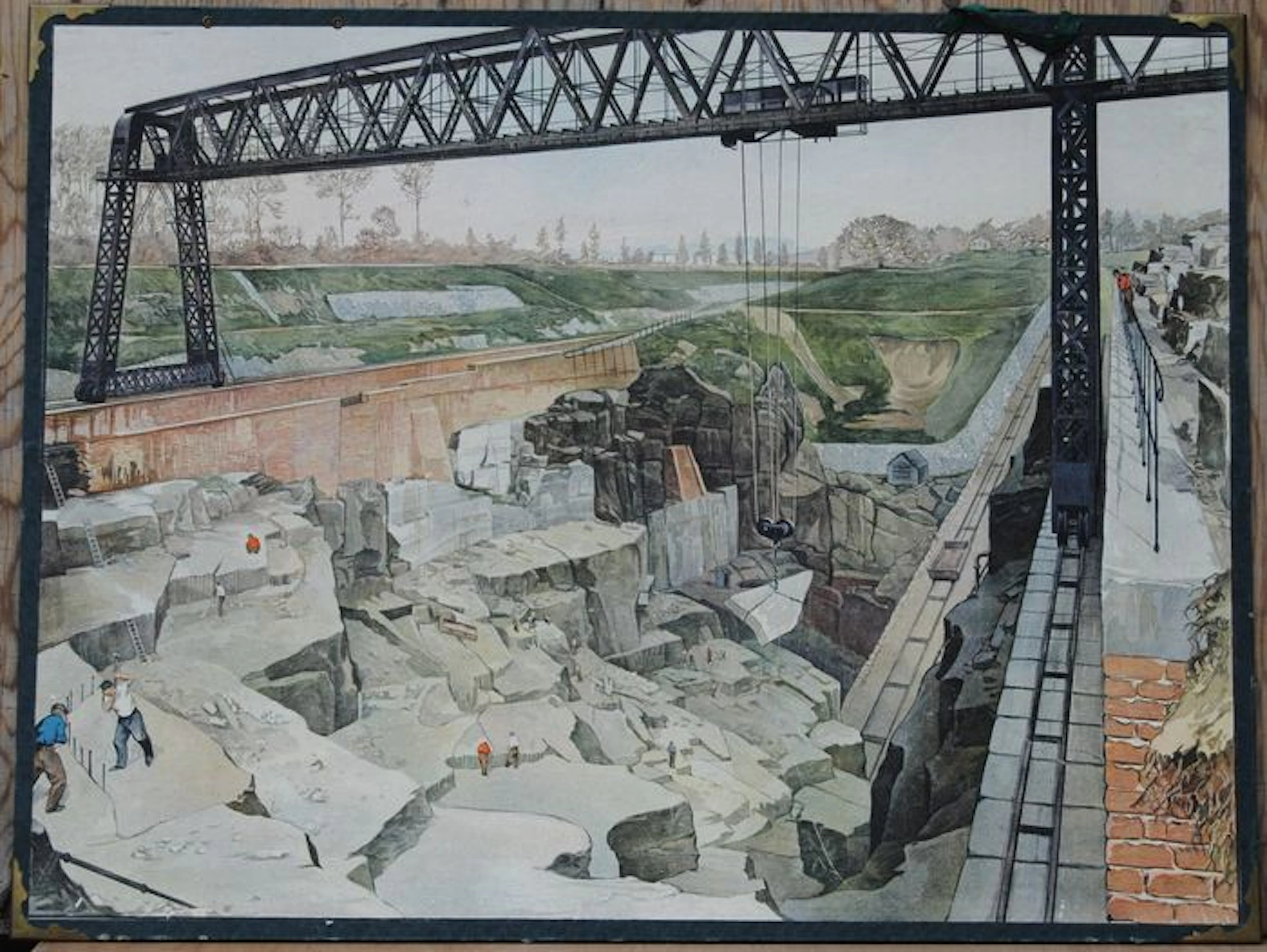 Building materials; 2 cardboard school posters. The quarry & making shells into lime. Published by J.B. Wolters, illustrated by W.K. de Bruin and C. Jetses