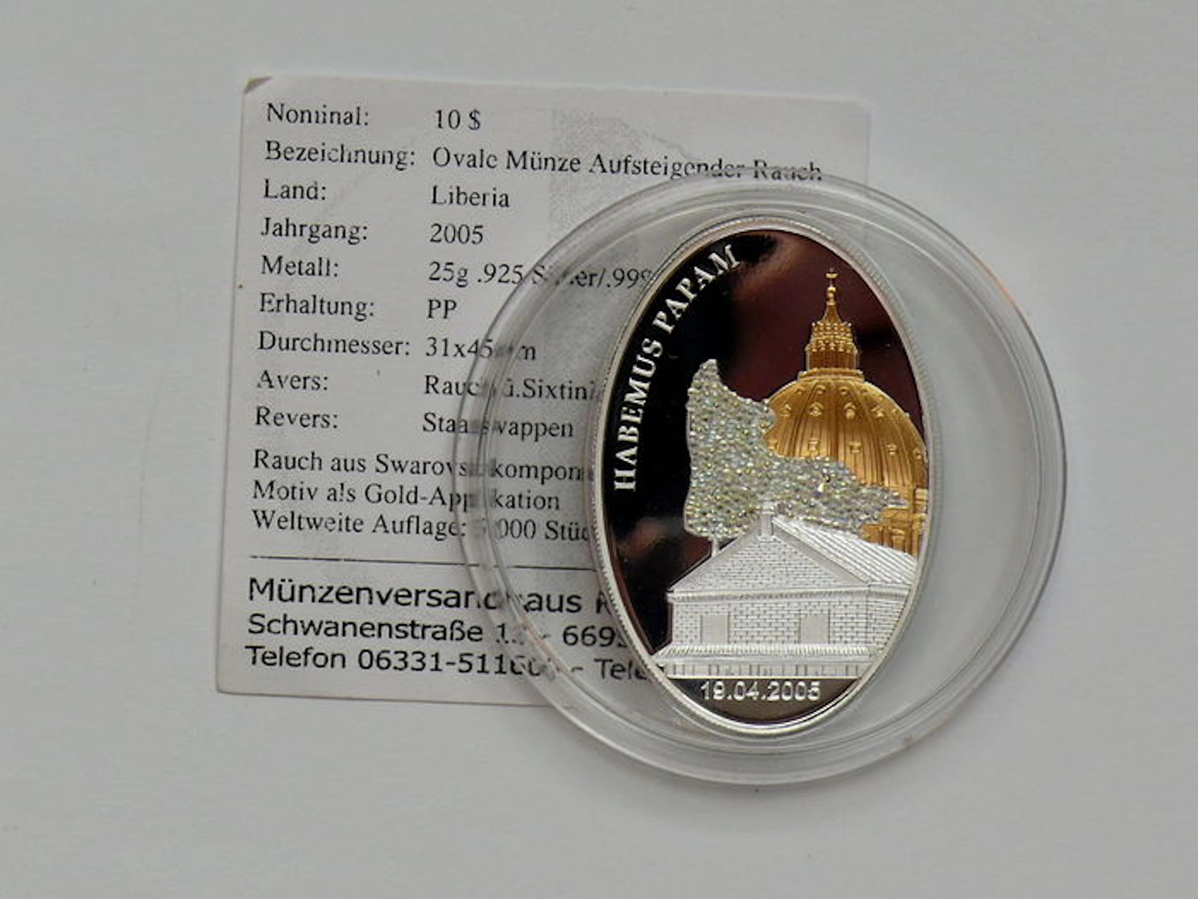 Liberia – 10 Dollars 2005 'Smoke over the Sixtine chapel' silver partly gold-plated with Swarovski