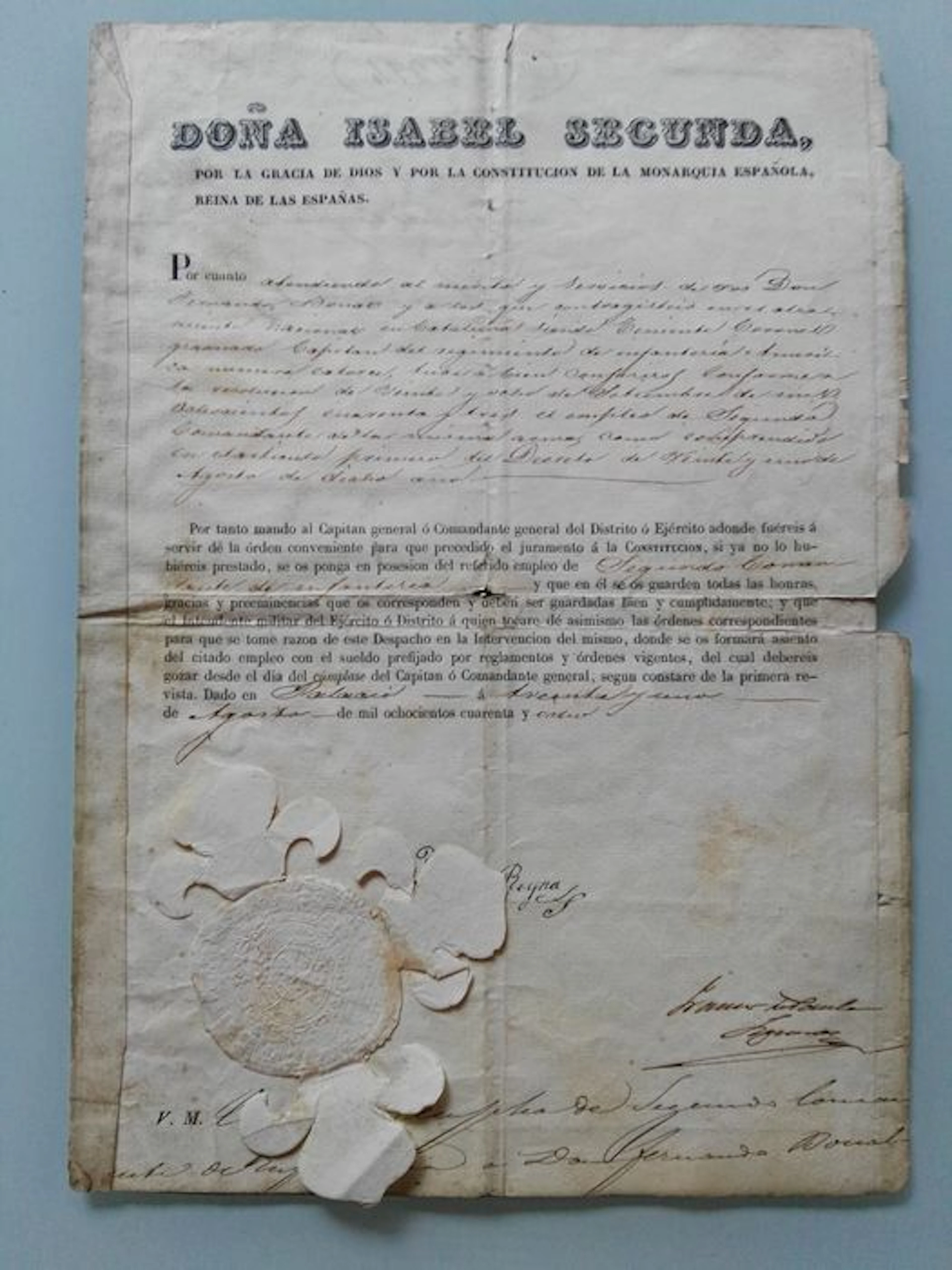 Reina Isabel II de España - Nombramiento oficial firmado por la Reina Isabel II de España, de puño y letra - 1848